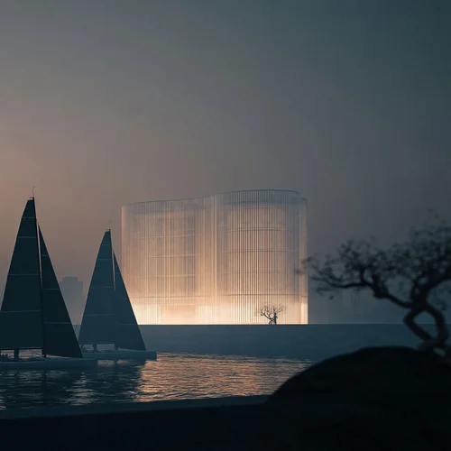 M17 · Árdh, concept image — a lit pavilion of pale translucent fins at the water’s edge at dusk, two dark sails passing in front of it