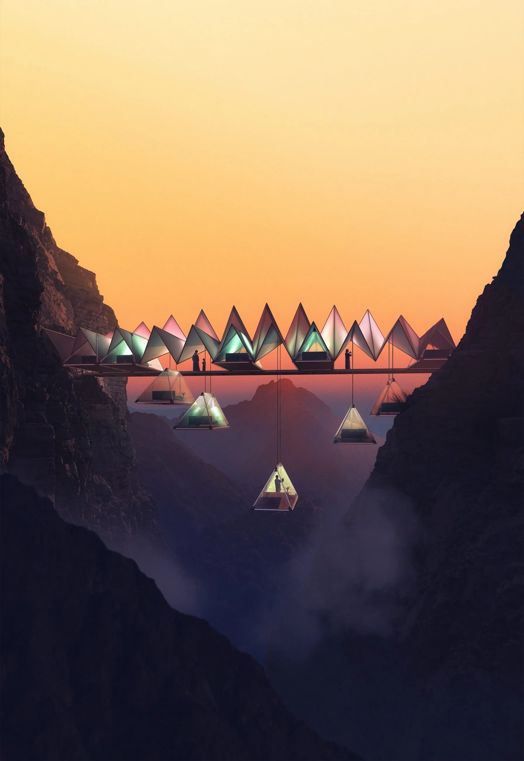The Floating Retreat · Sharjah mountains — rooms hanging from the cliff at sunset, portrait