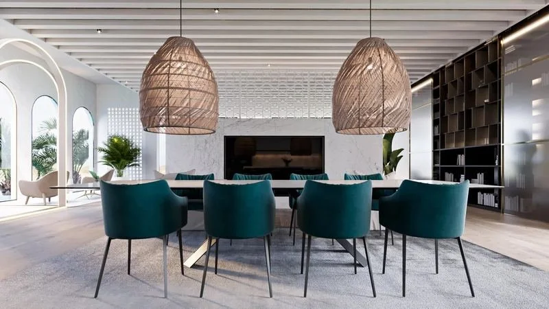 Al Ain Farm House · Al Ain — dining table under woven pendant lights