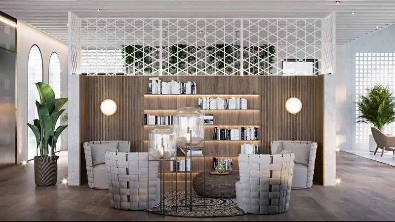 Al Ain Farm House · Al Ain — lounge with lattice screen and bookshelves