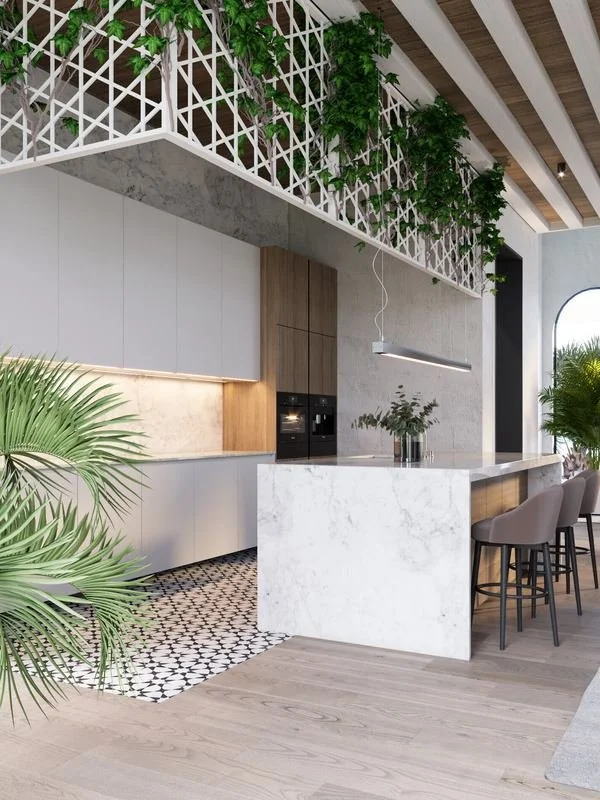 Al Ain Farm House · Al Ain — kitchen under a white lattice ceiling with plants