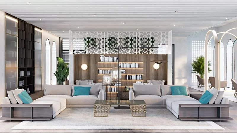 Al Ain Farm House · Al Ain — living room with white sofas and shelves