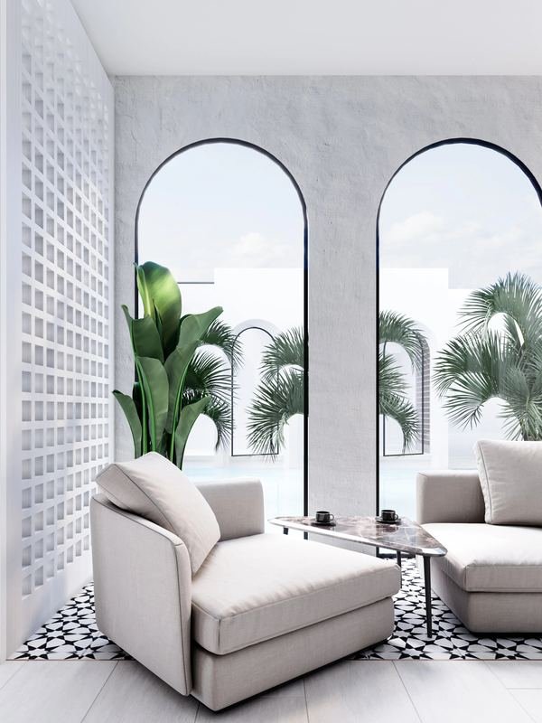 Al Ain Farm House · Al Ain — seating nook under lattice and arches
