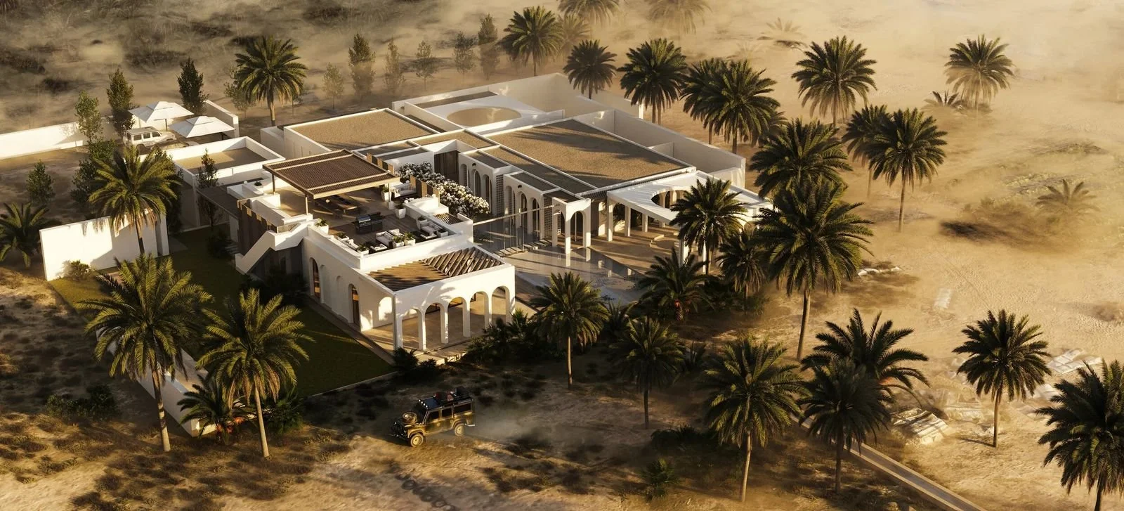 Al Ain Farm House · Al Ain — aerial view of the house and pools among palms at dusk