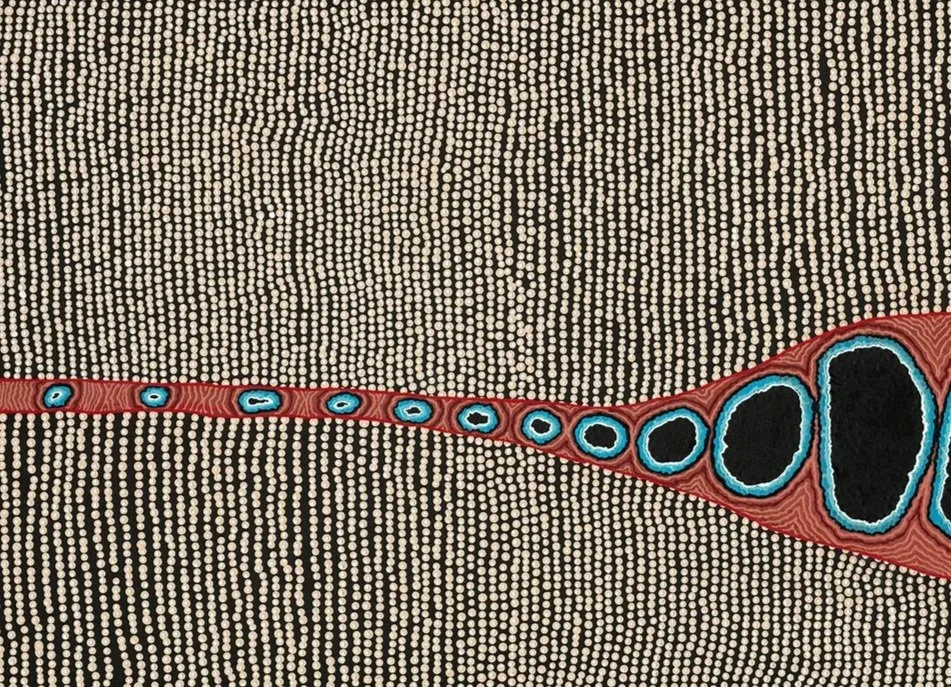 Aboriginal dot painting with concentric circles in black, turquoise, and cream on a red background.