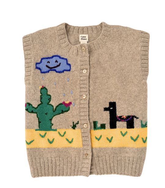 Gilet lama cactus nuage soleil en laine d'alpaga tricoté main