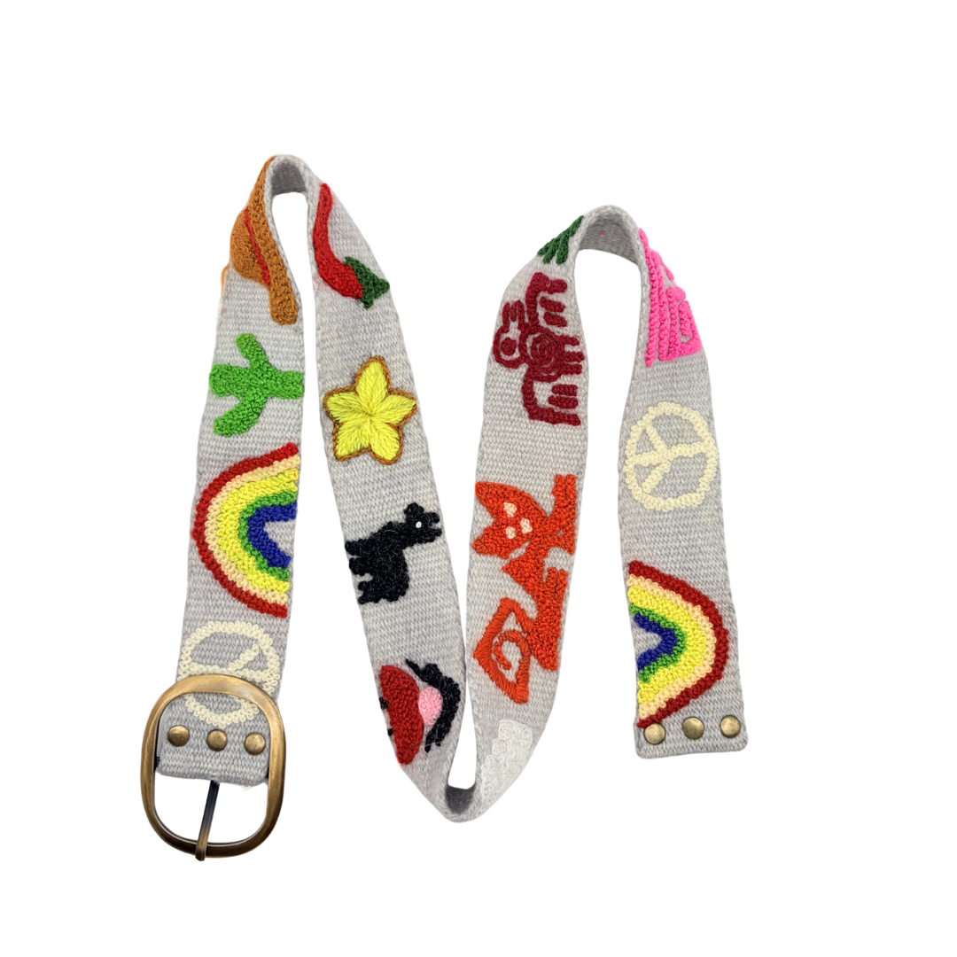 ceinture brodée en laine d'alpaga motifs amérique latine cactus piment arc-en-ciel lama