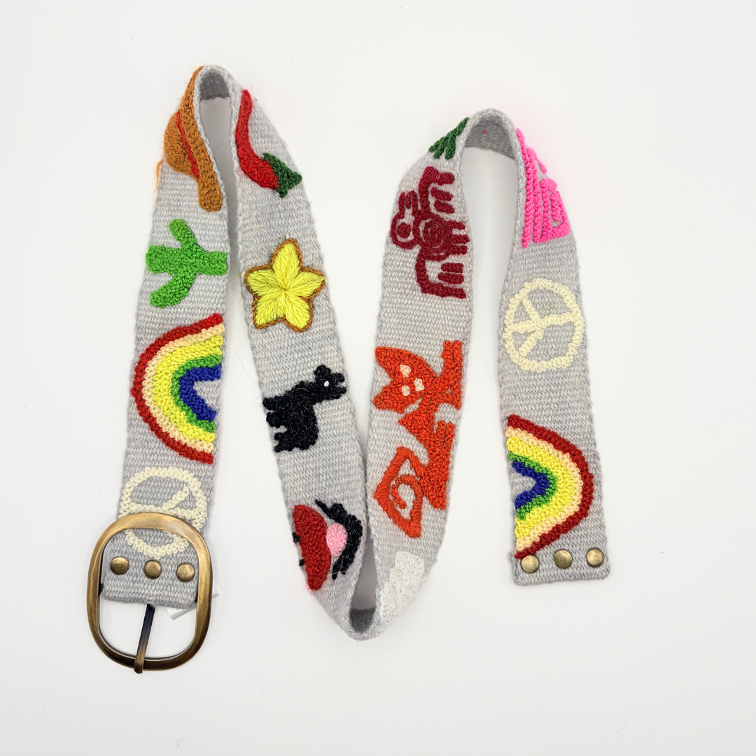 ceinture brodée en laine d'alpaga motifs amérique latine cactus piment arc-en-ciel lama