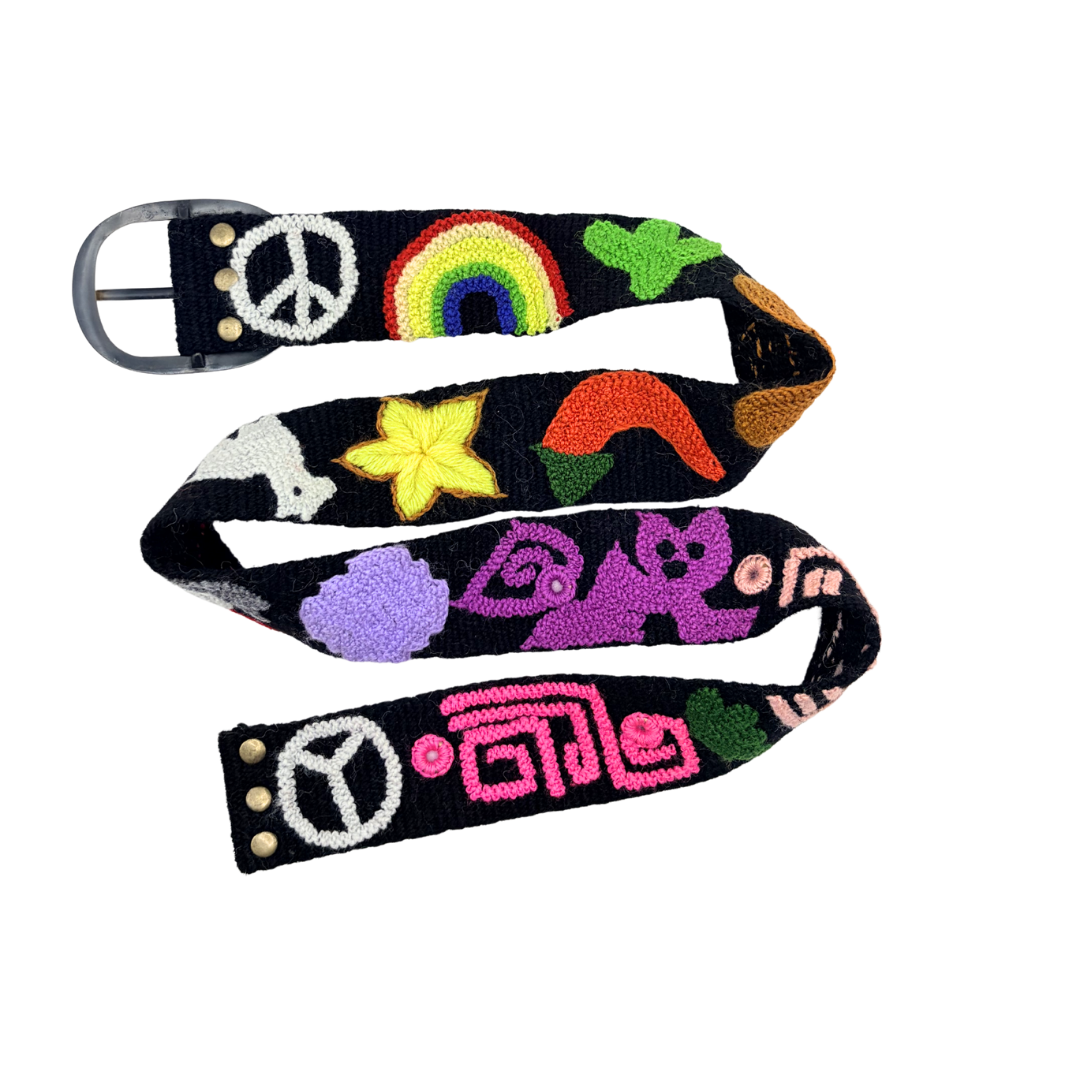 ceinture brodée en laine d'alpaga motifs amérique latine cactus piment arc-en-ciel lama