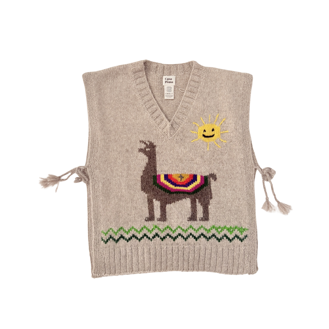 Poncho chaleco sans manche col en V motifs lama en laine d'alpaga