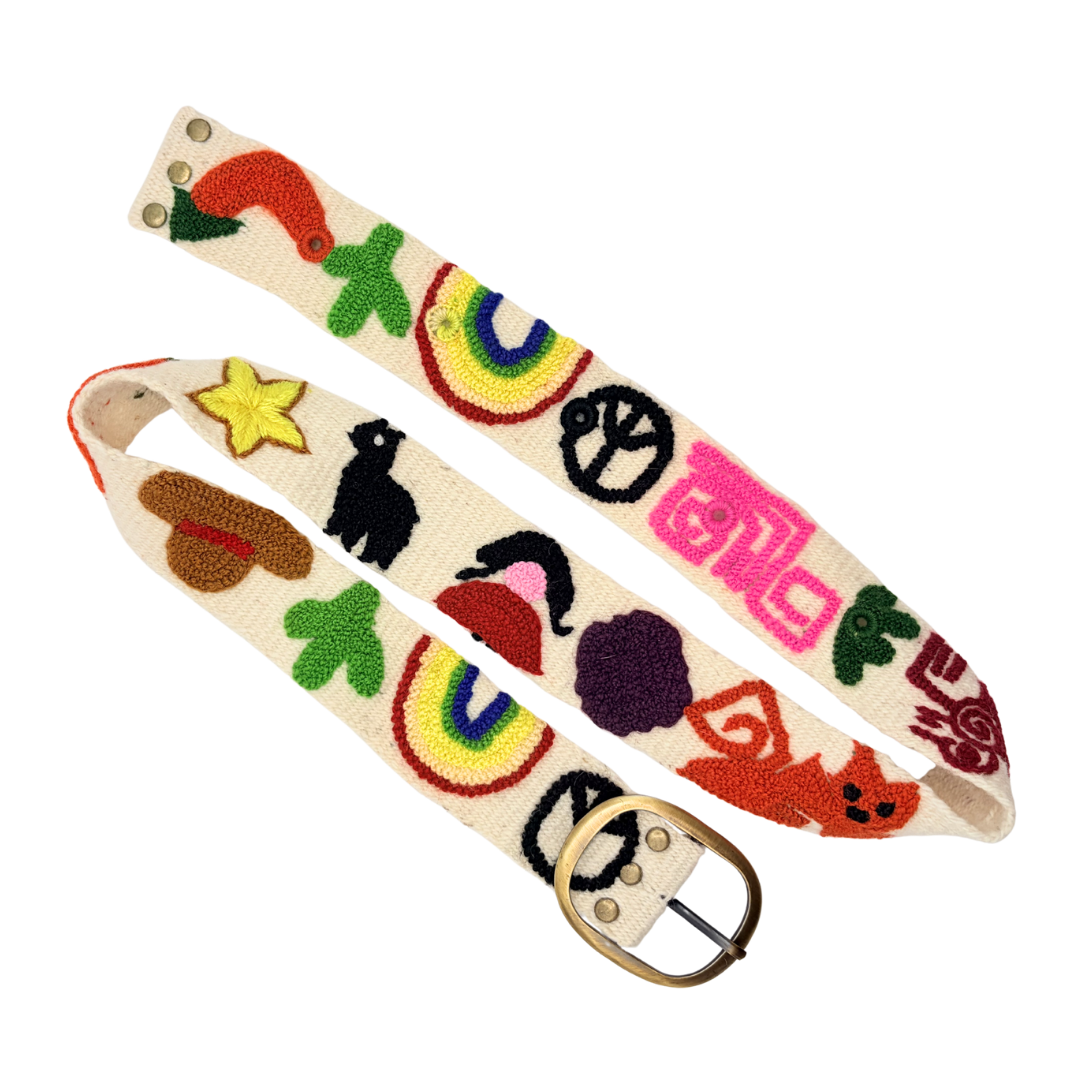 ceinture brodée en laine d'alpaga motifs amérique latine cactus piment arc-en-ciel lama