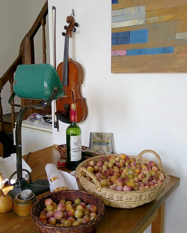 A good year for Mirabelle plums. Ashley's violin and painting.