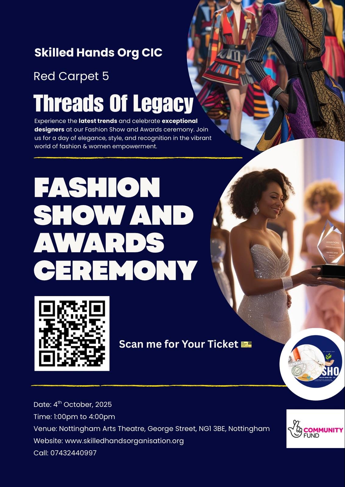 Invitation flyer for a fashion show and awards ceremony featuring models in colorful dresses on the runway and a woman receiving an award on stage. The event is organized by Skilled Hands Org CIC, scheduled for October 4, 2025, at Nottingham Arts Theatre, with a QR code for tickets.