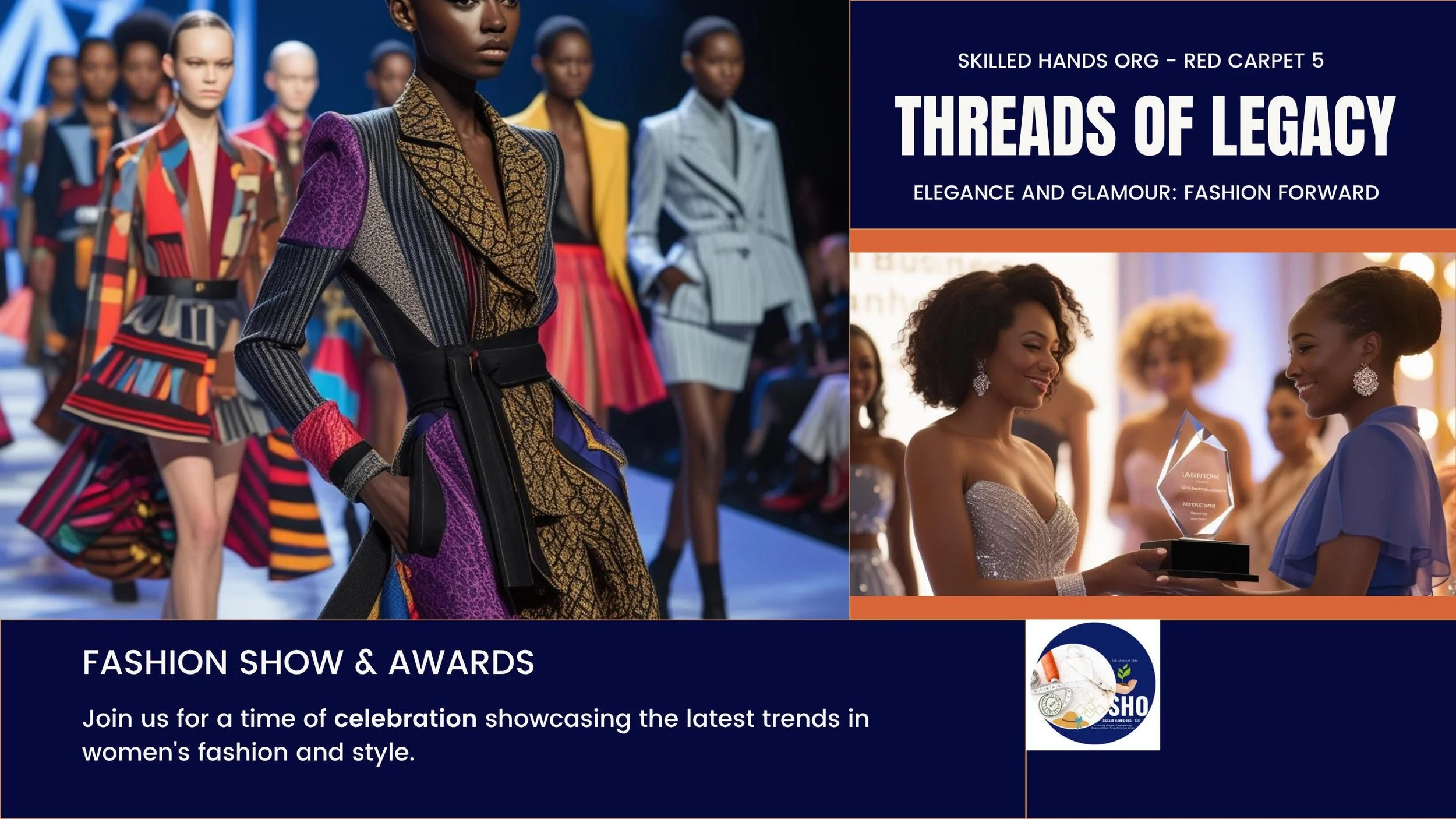 Promotional graphic for a fashion show and awards event titled "Threads of Legacy" featuring women in colorful, stylish clothing and a scene of women at an awards ceremony.