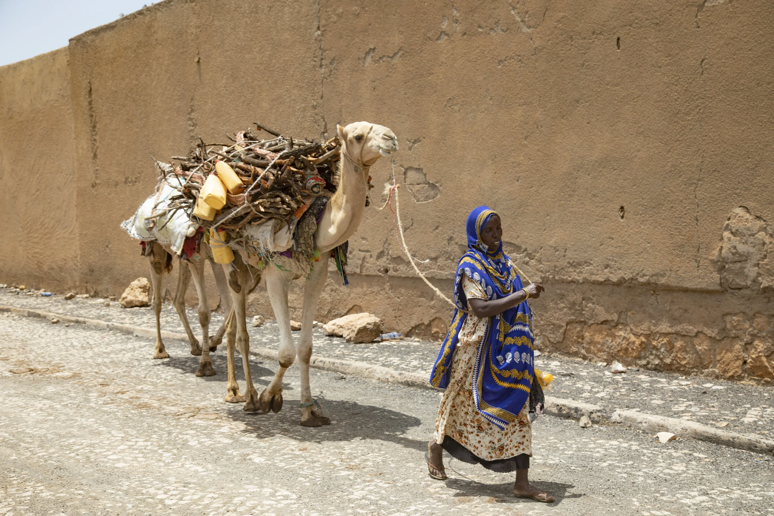 A woman dressed in traditional African clothing walking along a dusty street, leading a camel carrying a load of sticks, bottles, and miscellaneous items, with a large mud wall in the background.