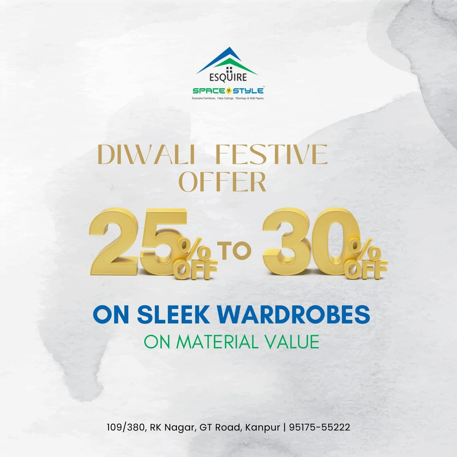 It's Diwali time! 🤩 Get ready to upgrade your wardrobe with our festive offer of 25%-30% off on a wide range of stylish wardrobes. Upgrade your home with the best quality materials at an unbeatable price.
.
Esquire Space N Style
109/380, RK Nagar, G