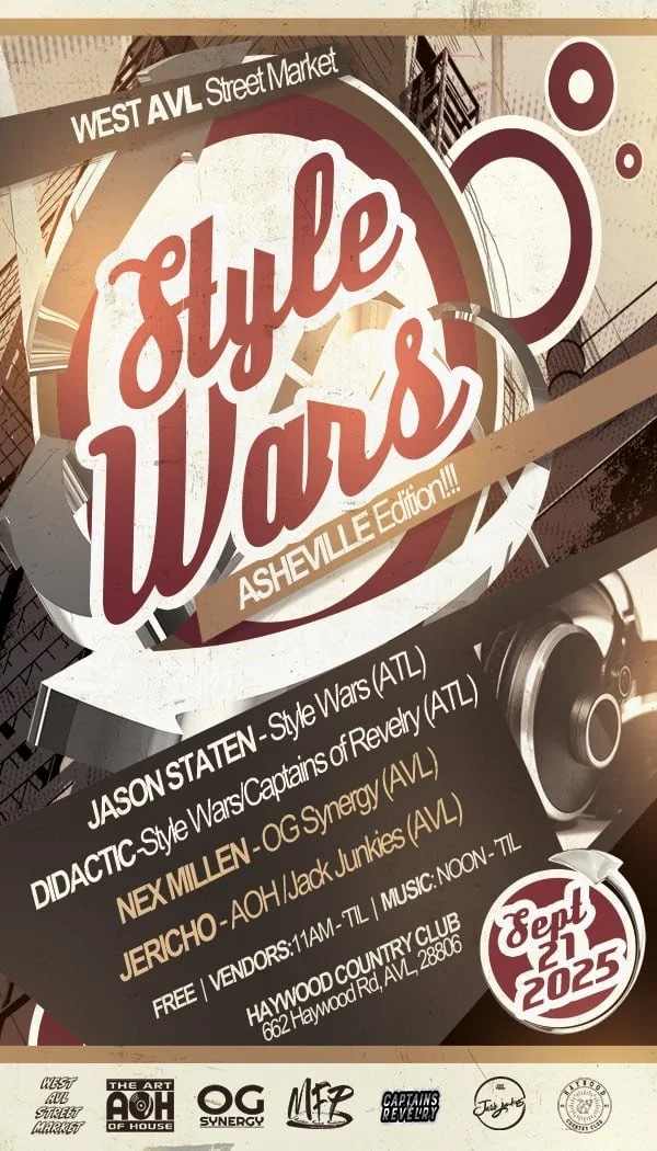 Poster for a music event called Style Wars Asheville Edition on September 21, 2023, featuring artists Jason Staten, Didactic, NEX Millen, and Jericho, at Haywood Country Club in Asheville, North Carolina.