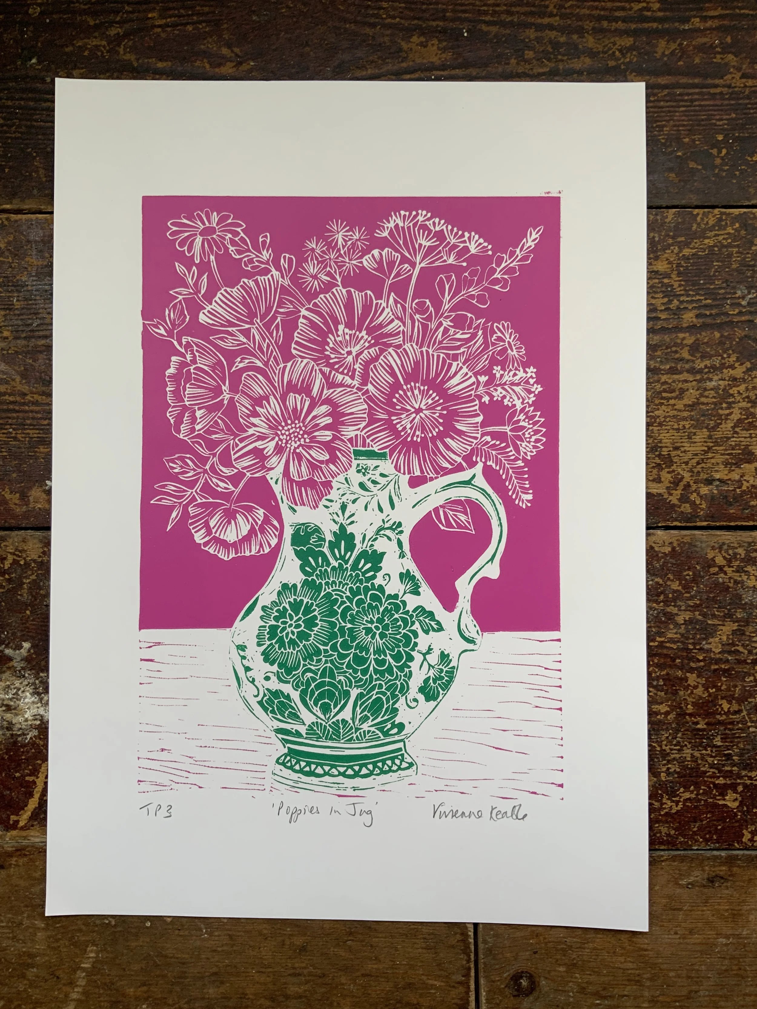 Pink Poppies in a Green Vase: Linocut Print