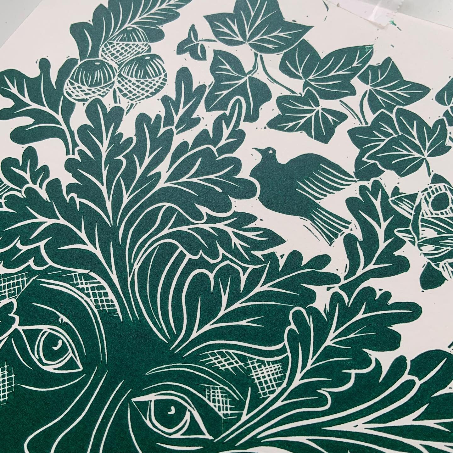 Testing a new print I&rsquo;ve been working on. 

Slightly different to my usual subject but after my mystical week in Dorset and meeting a real live Druid I wanted to make a Green Man linocut. It could be a green lady too! 

It was such a pleasure t