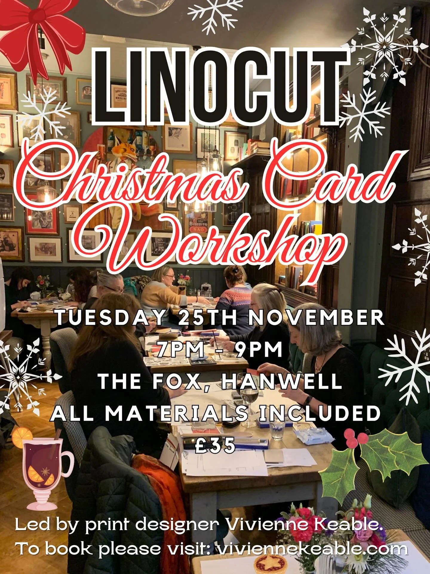 🎄✨ Linocut Christmas Card Workshop! ✨🎄

Join print designer Vivienne Keable for a festive, hands-on 2-hour Linocut Christmas Card Workshop &mdash; perfect for beginners and seasoned makers alike.

🖋️ When: 25th November 7pm - 8pm 📍 Where: The Fox