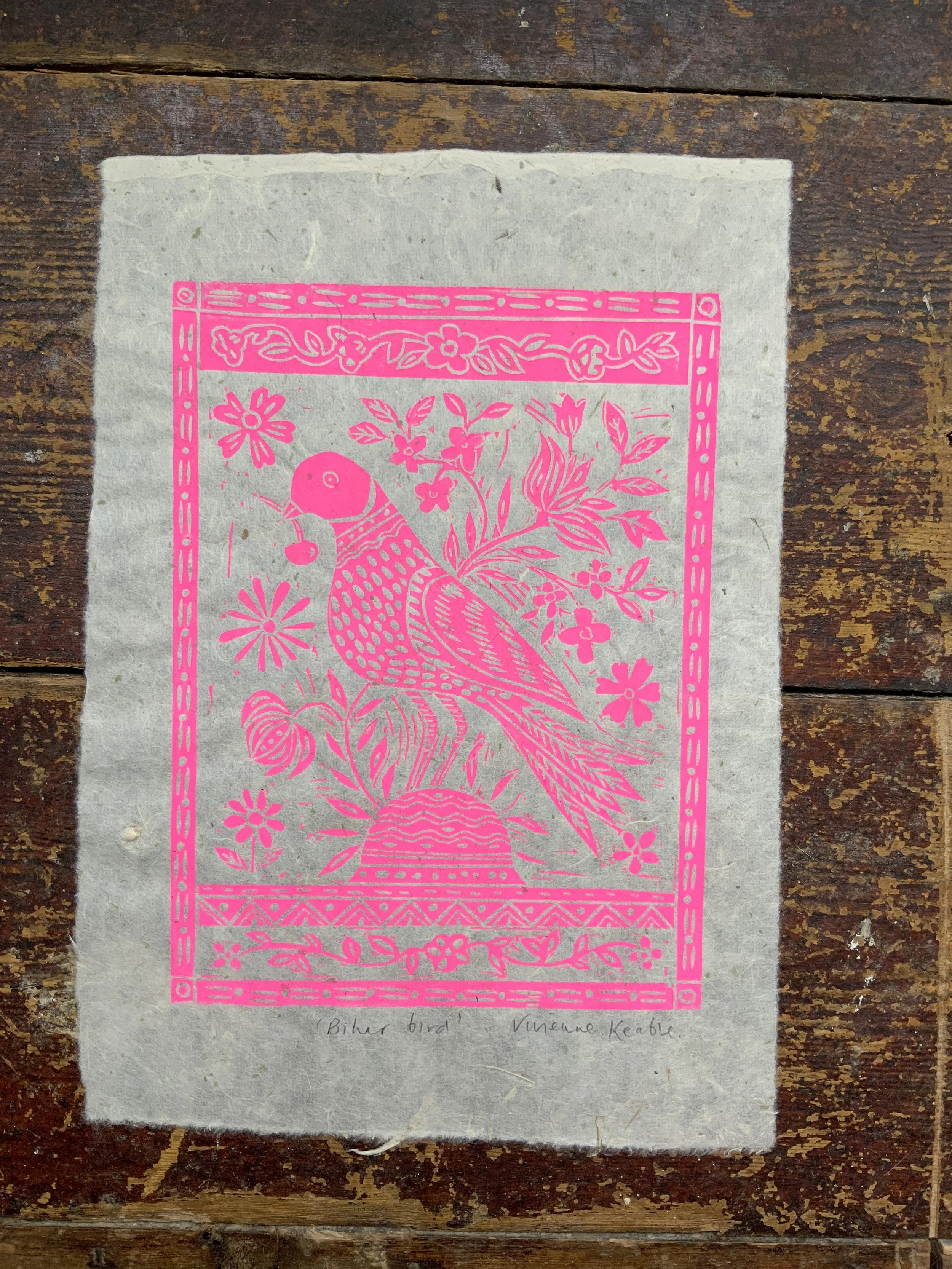 Fluorescent Bird: Folk Style Linocut Print