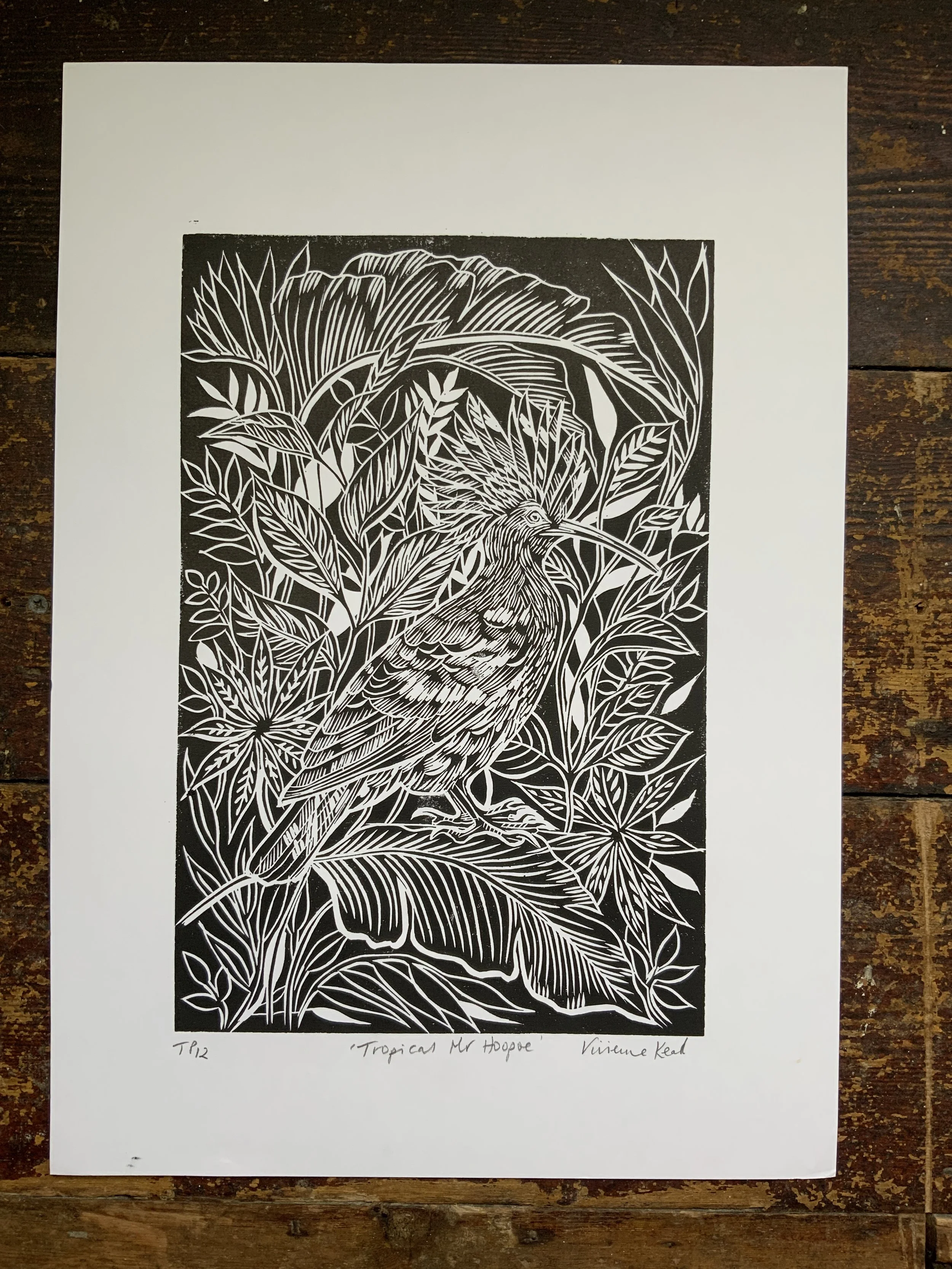 Hoopoe Among the Tropical Leaves: Linocut Print