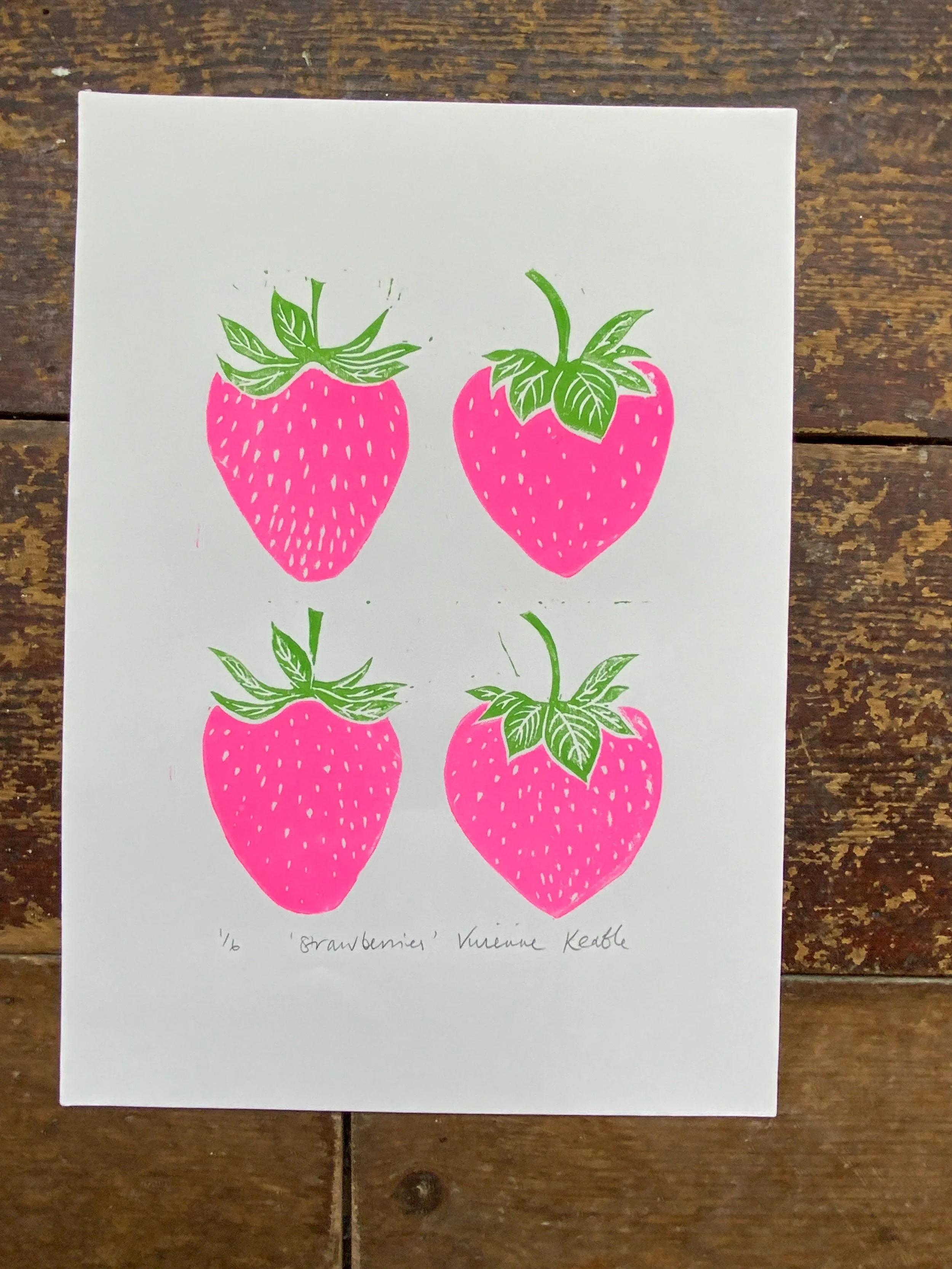 Four Strawberries — Original Linocut Print