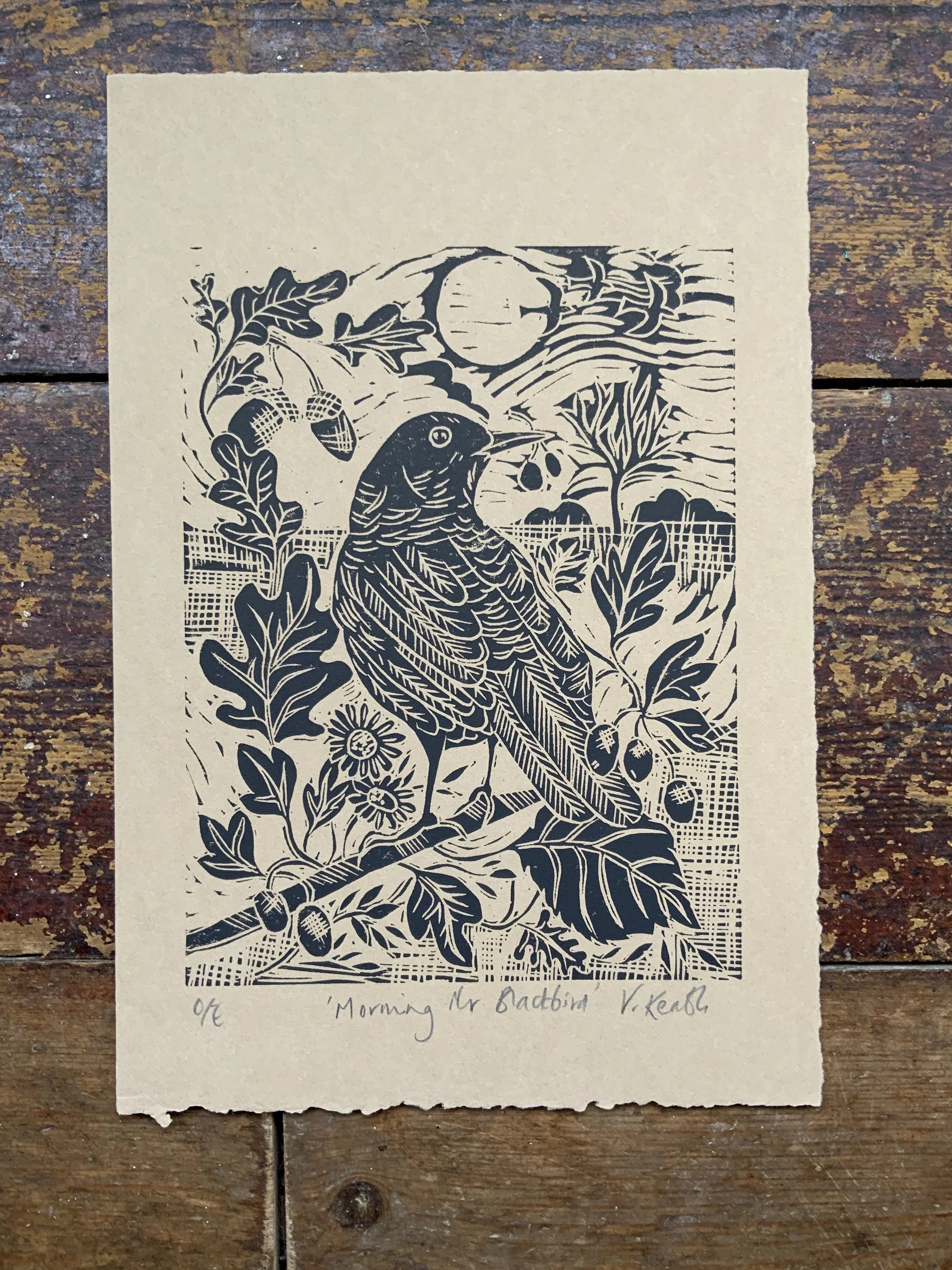Morning Mr Blackbird: Linocut Print