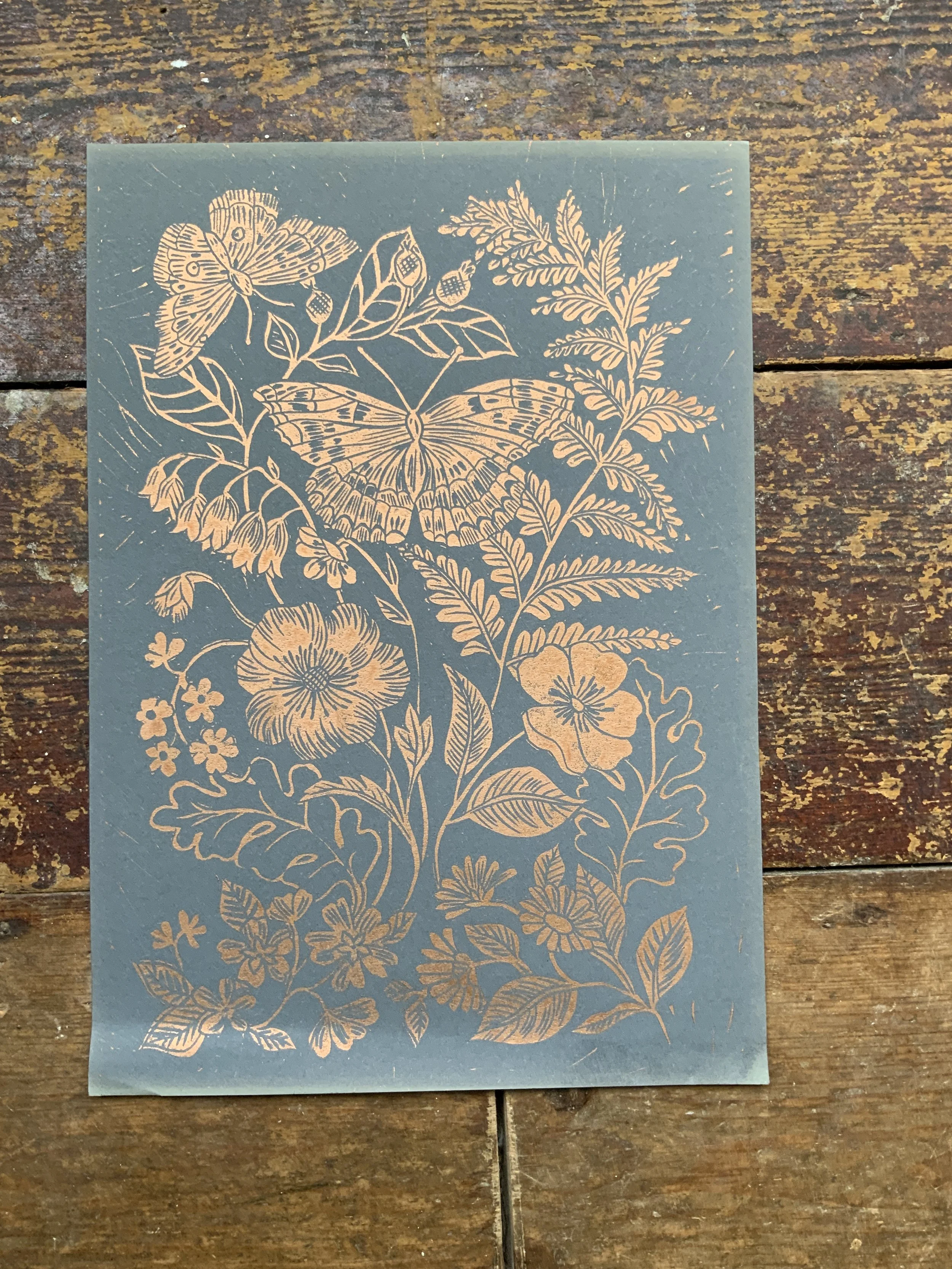 Fern, Butterfly and Wildflower: Linocut Print