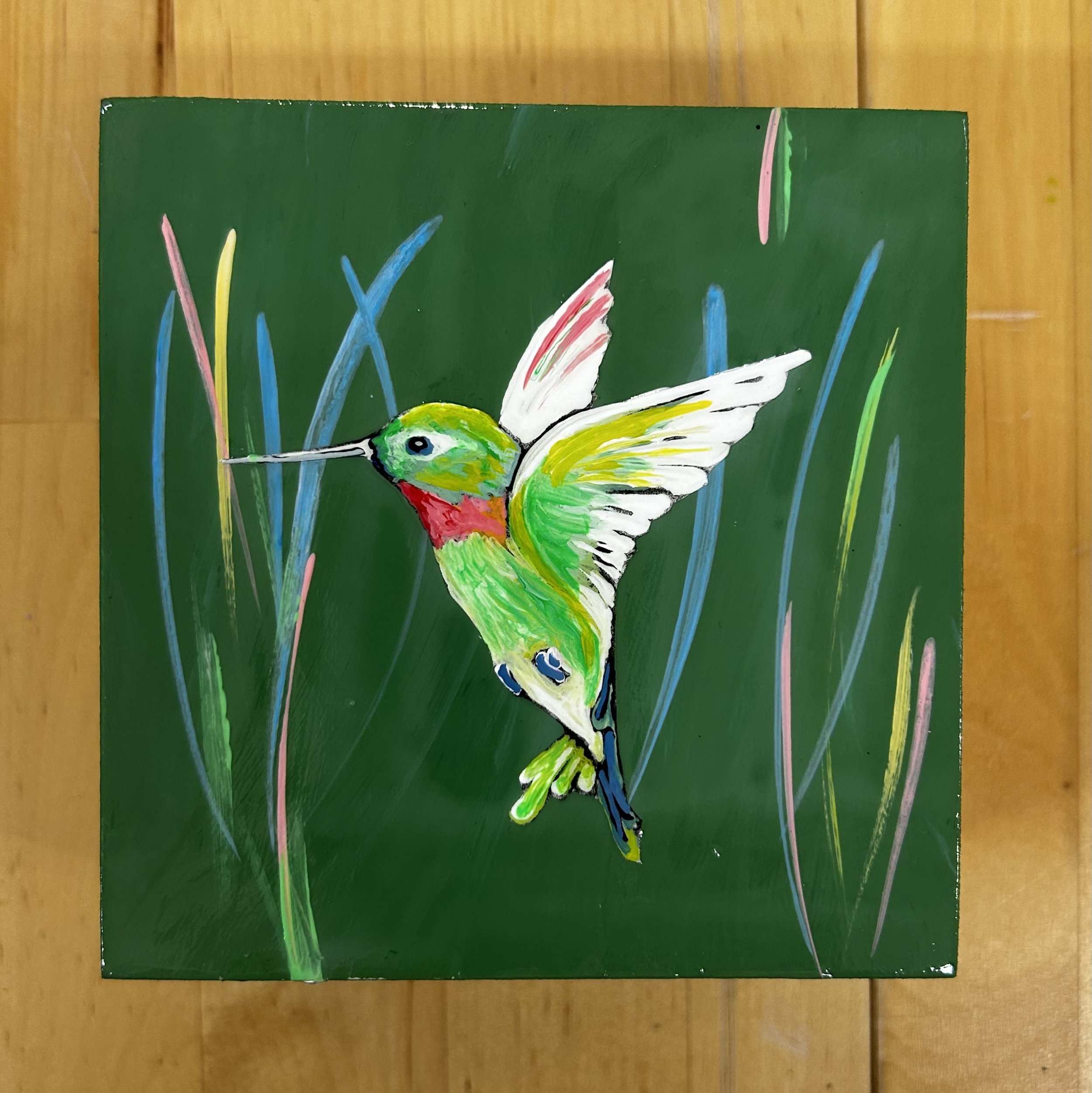 Hummingbird in the grass, 4 x 4 x 2 in Acrylic on birch panel. SOLD