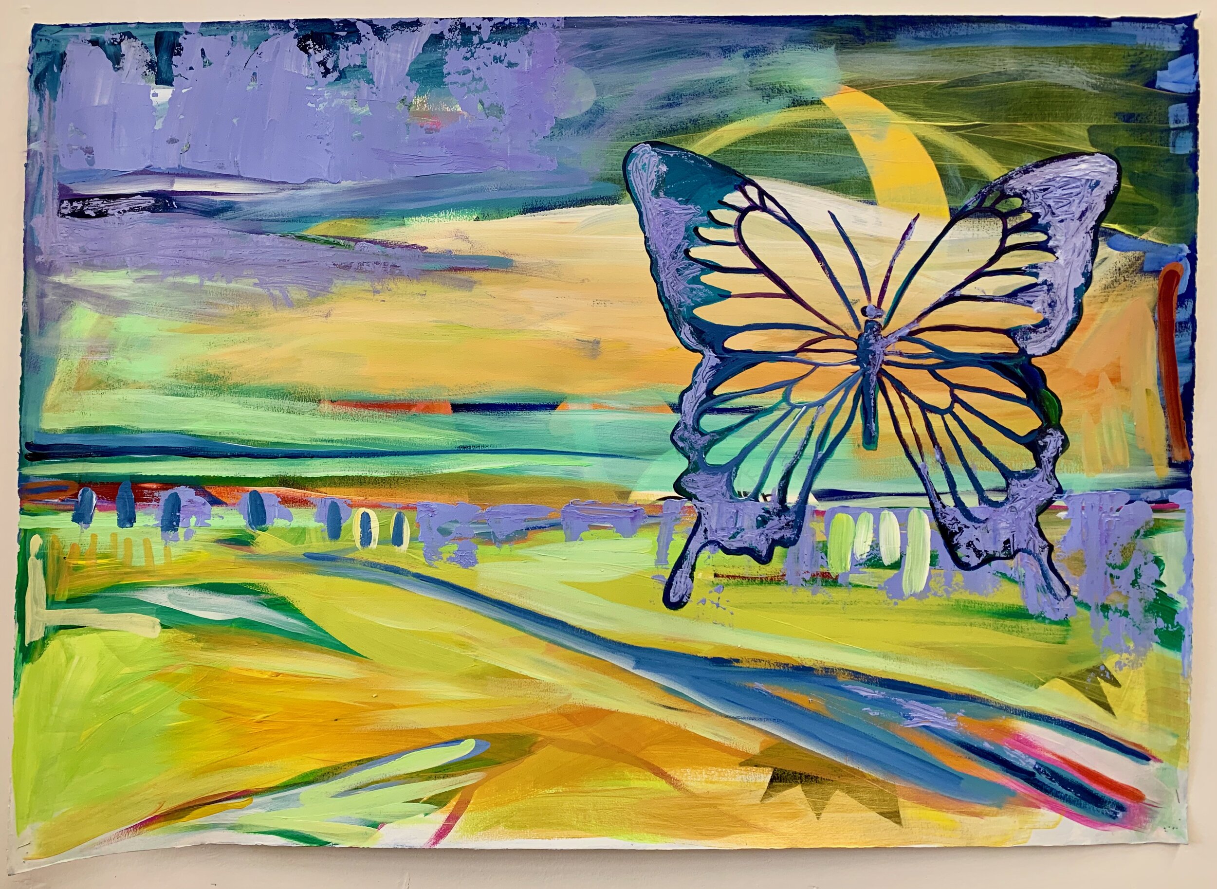 Purple butterfly. Painted over painting from 1990. 24x36, Acrylic on linen paper