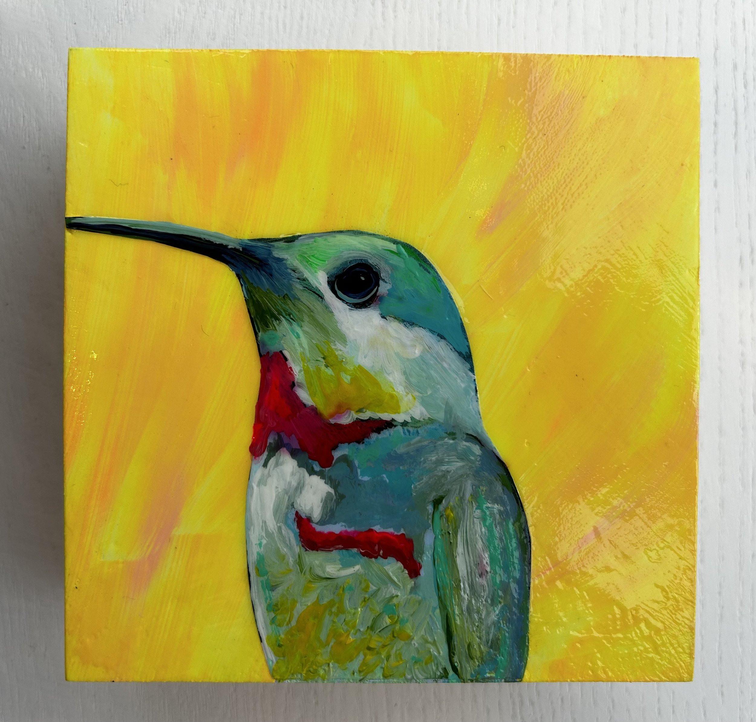 Hummingbird on yellow, Acrylic on 4x4 Birch Panel SOLD