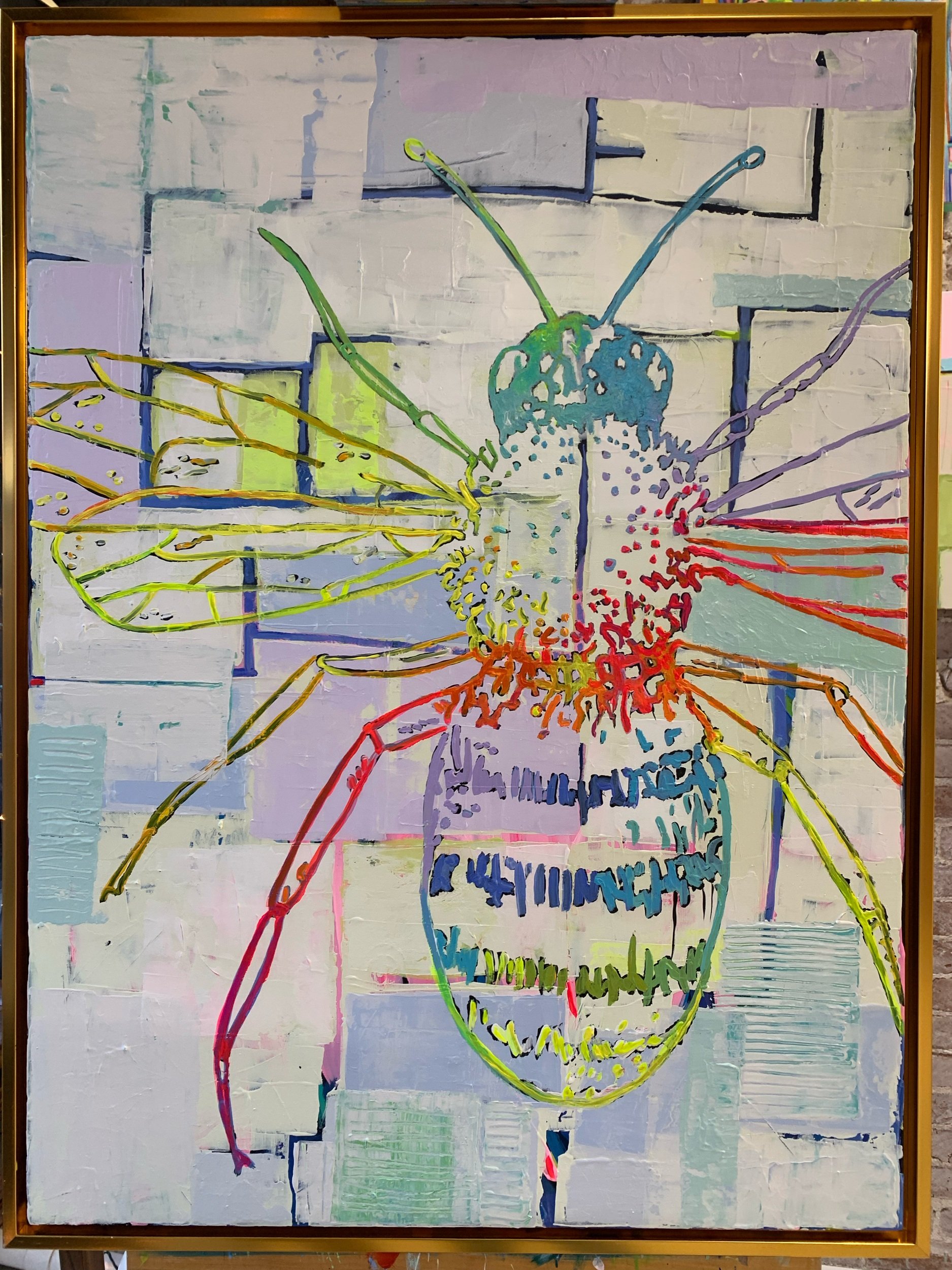 Rainbow Bee #2. 40 x 30 Acrylic on Canvas. Gold frame