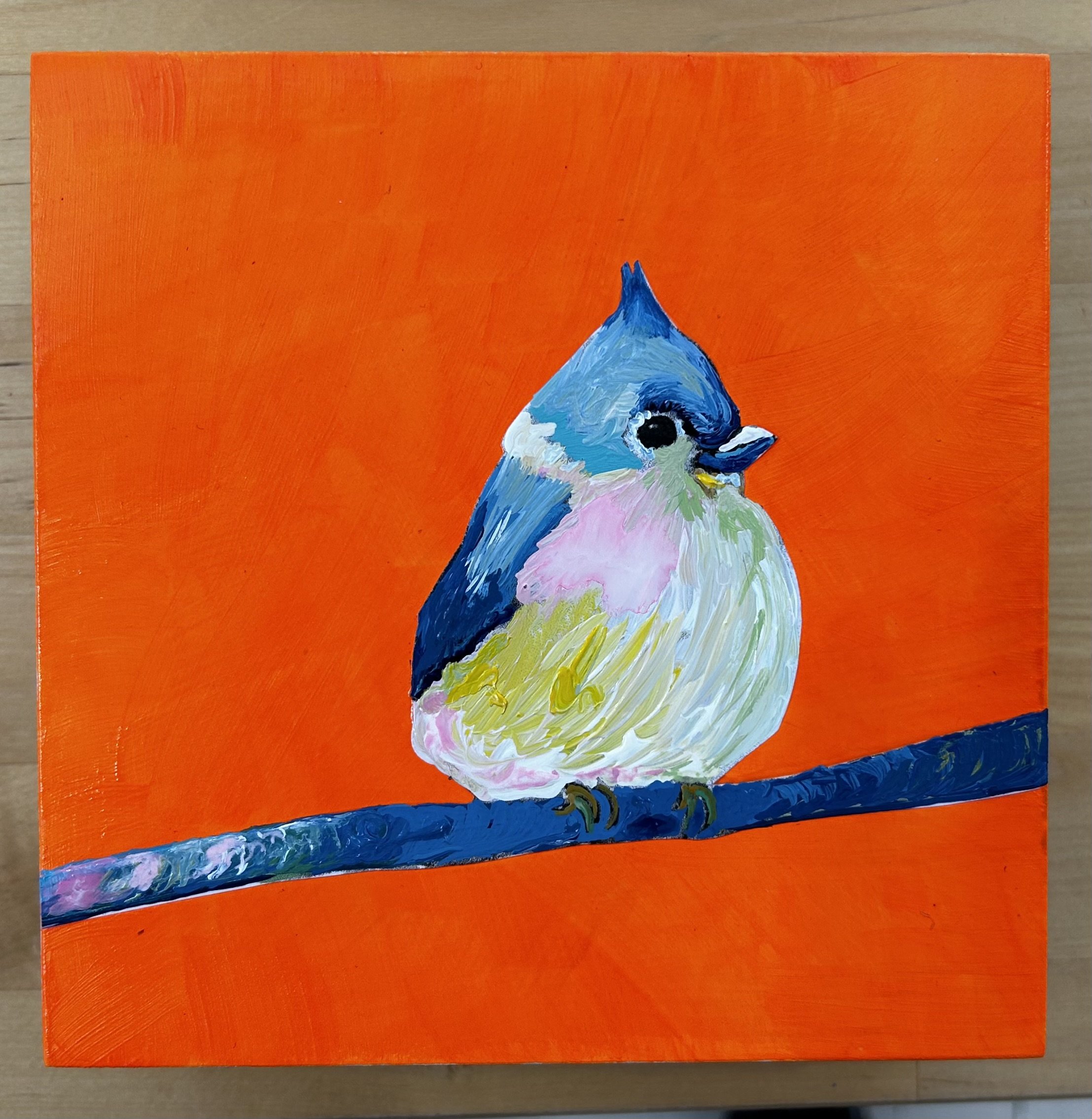 Tufted Titmouse on orange, Acrylic on 6x6 Birch Panel SOLD