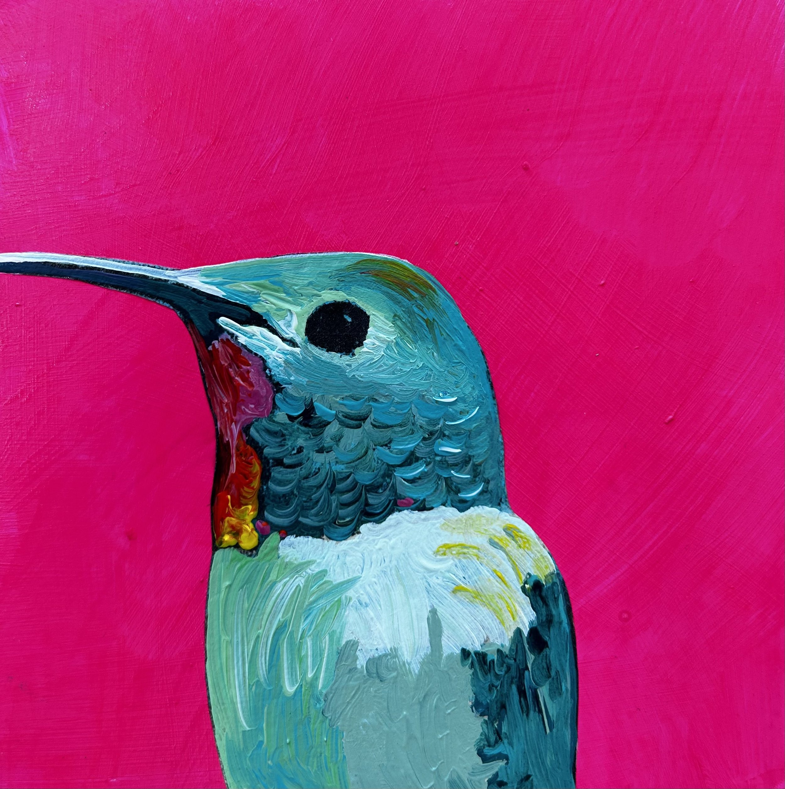 Hummingbird on Pink, Acrylic on 5x5 Birch Panel SOLD