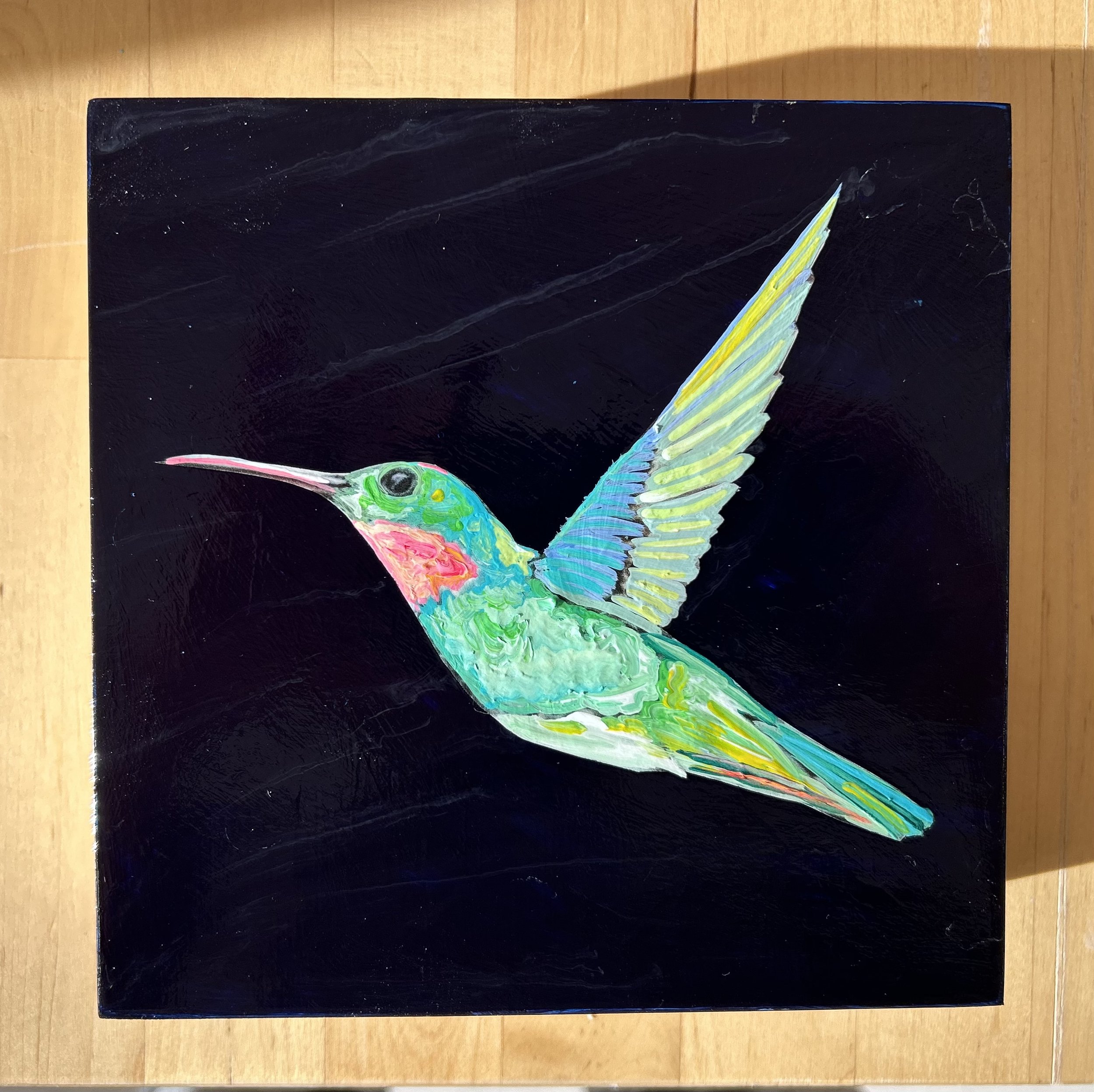 hummingbird in flight, 5 x 5 x 2 in Acrylic on panel. SOLD