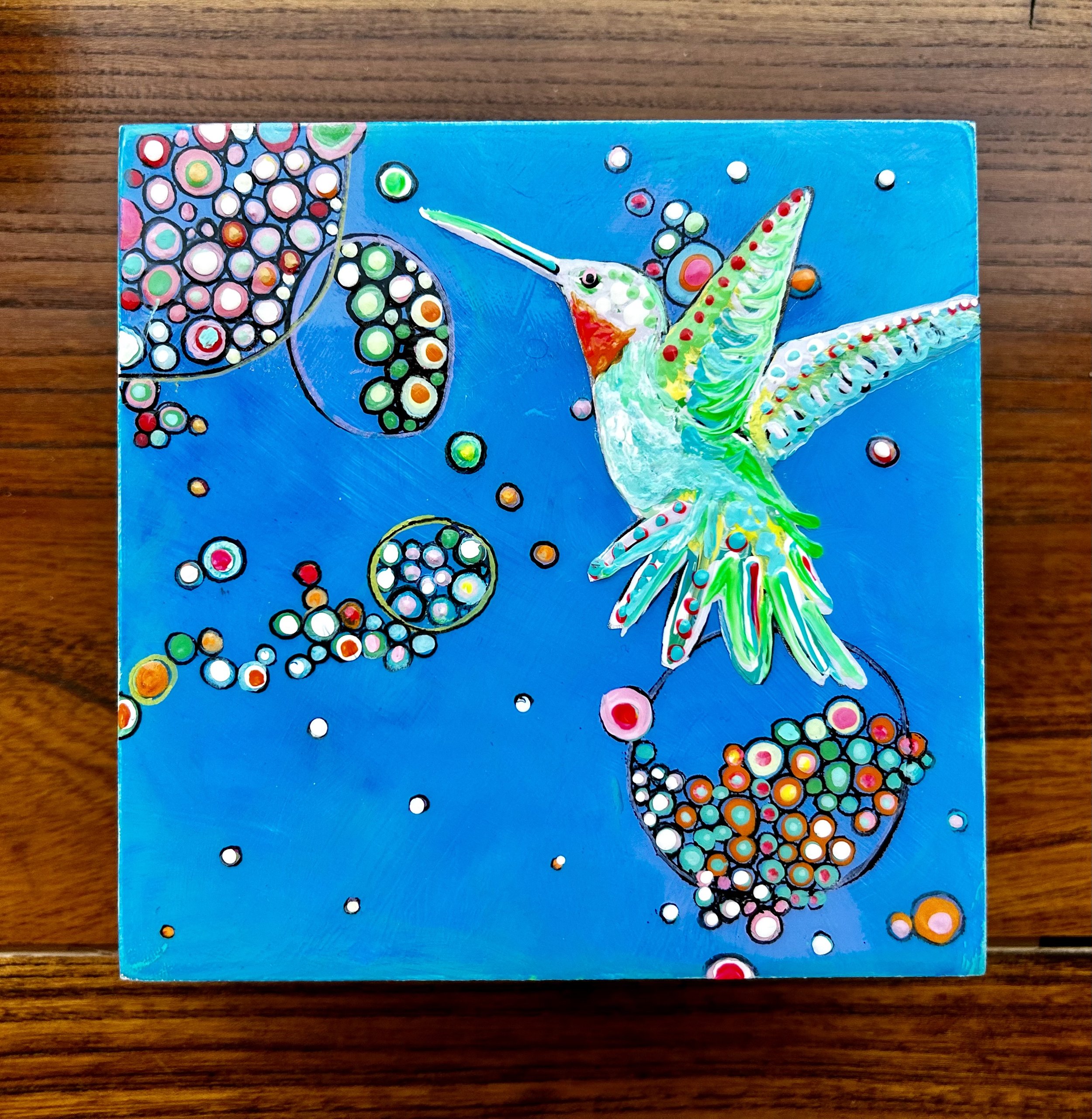 Bubbles and hummingbird
5 x 5 Acrylic on birch panel. SOLD