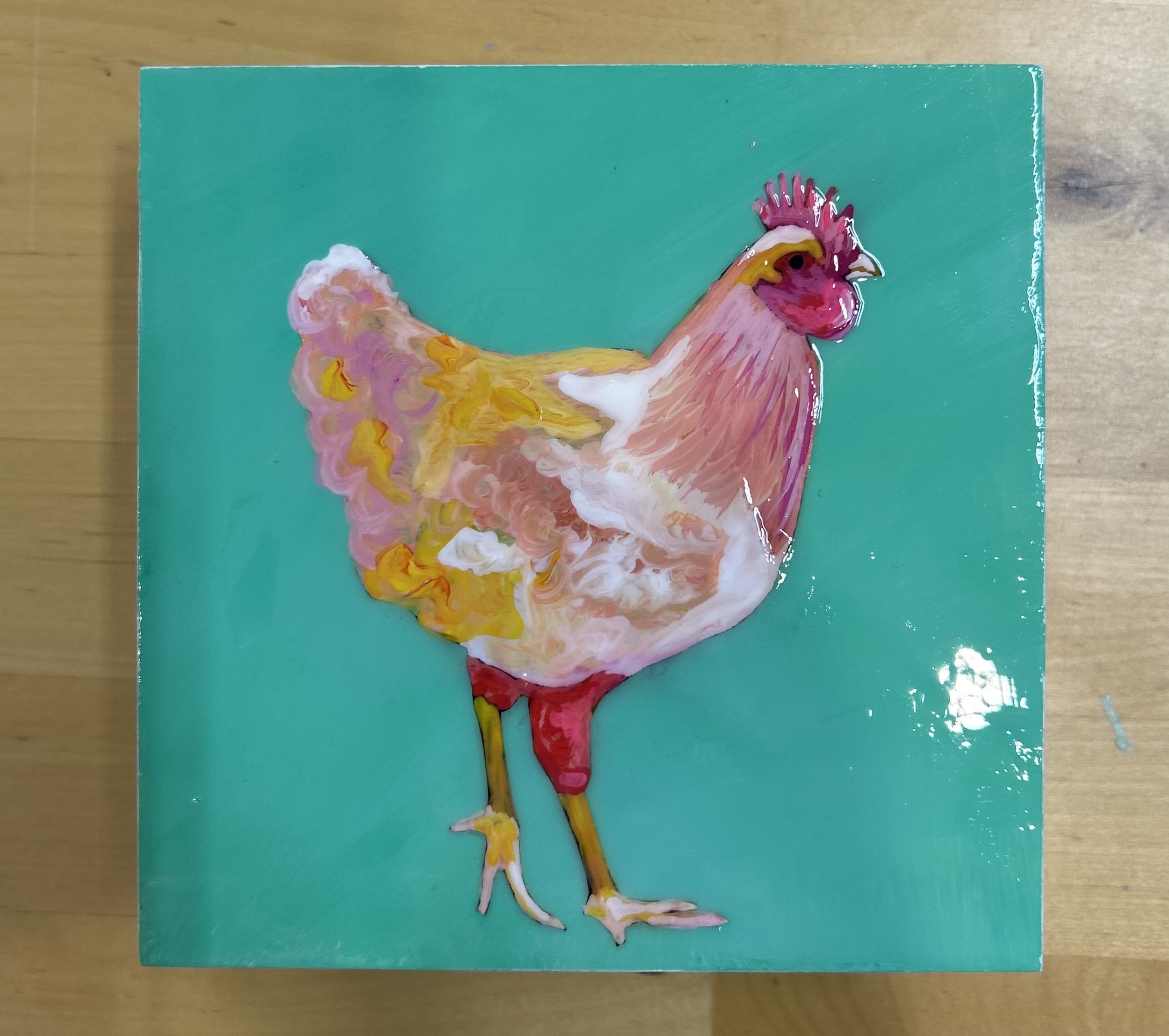 Pink Chicken, 5 x 5 x 2 in Acrylic on birch panel. SOLD