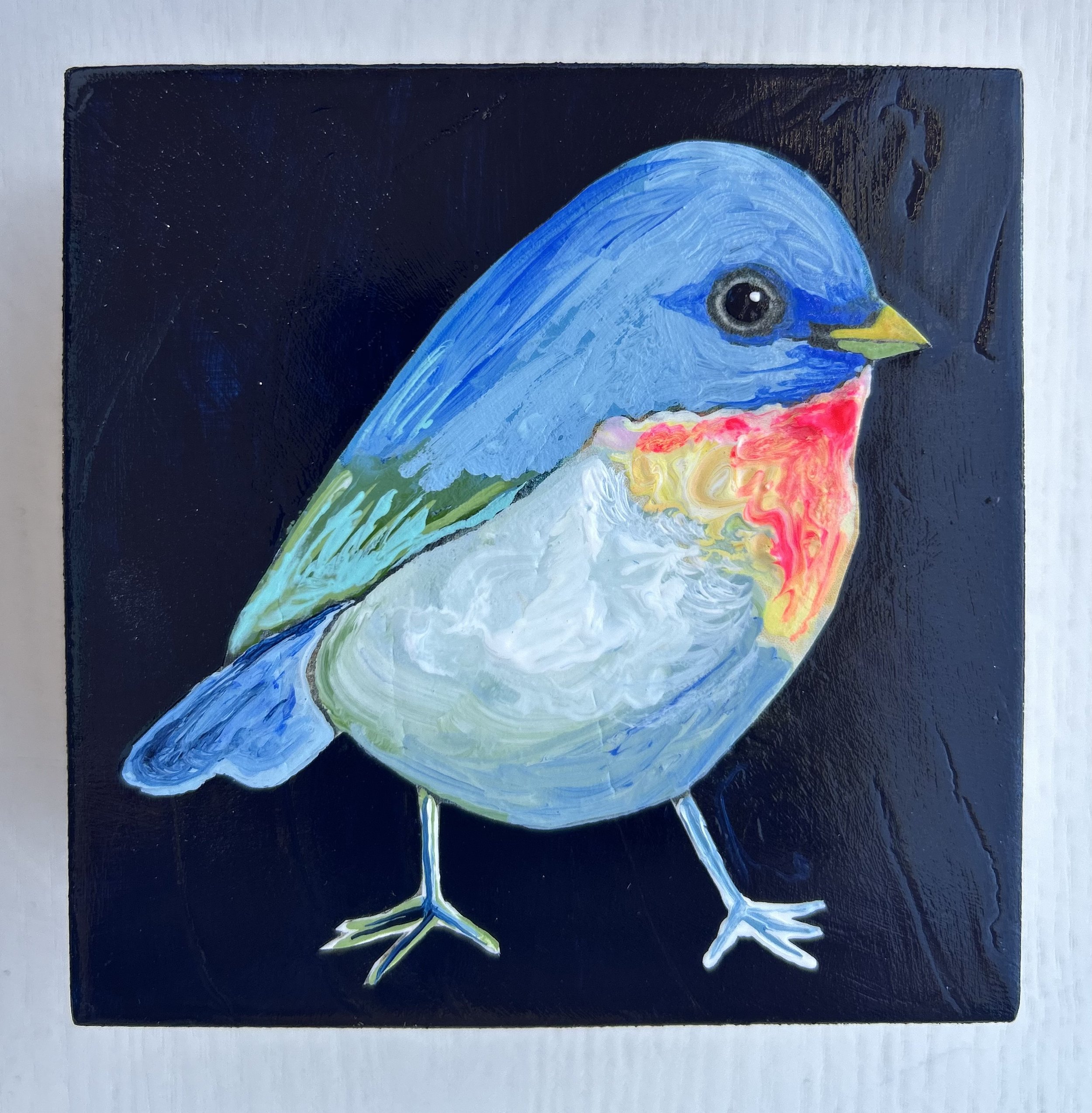 Baby Bluebird, 4 x 4 x 2 in Acrylic on panel. SOLD