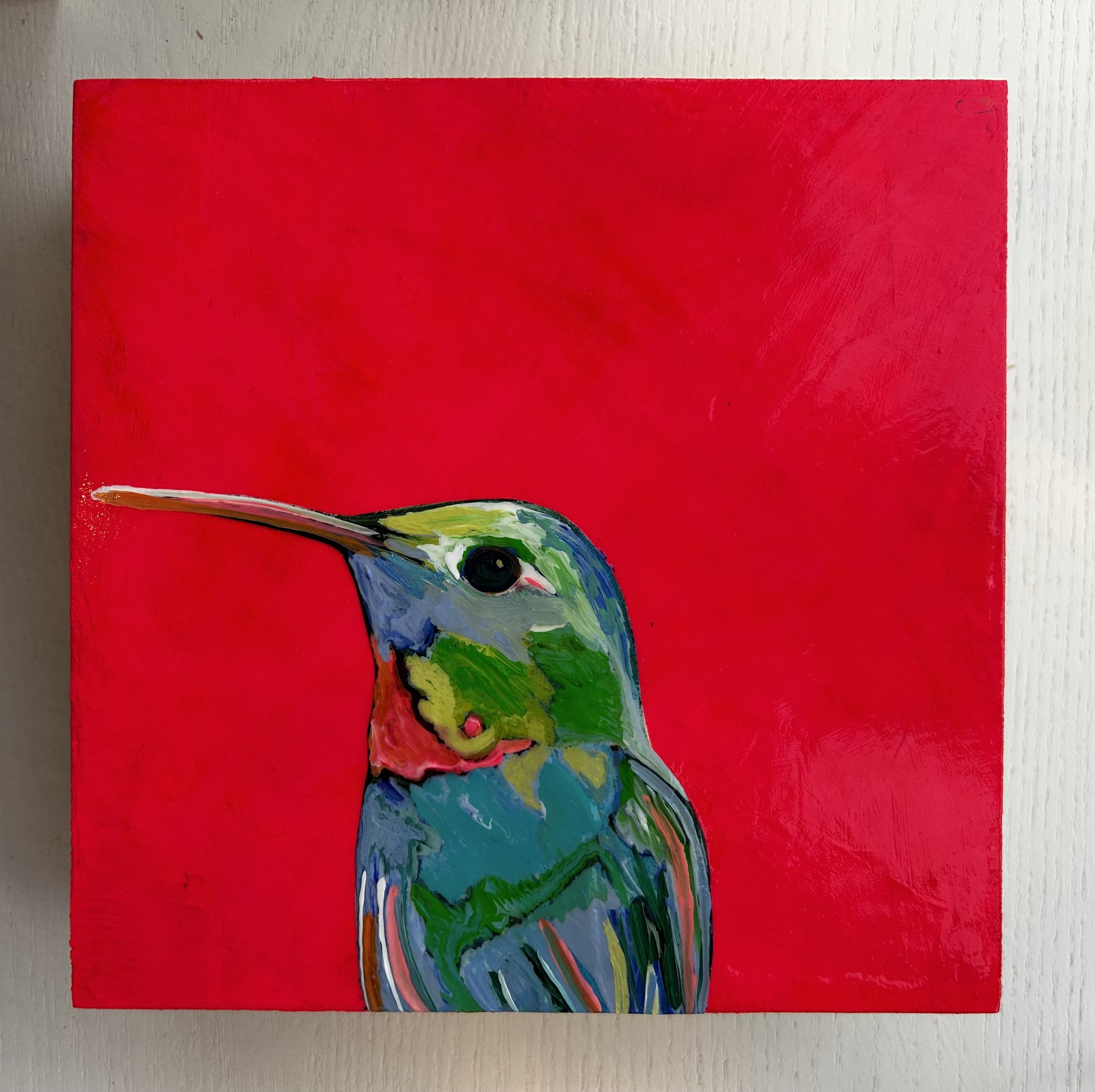 Hummingbird on RED, Acrylic on 5x5 Birch Panel SOLD