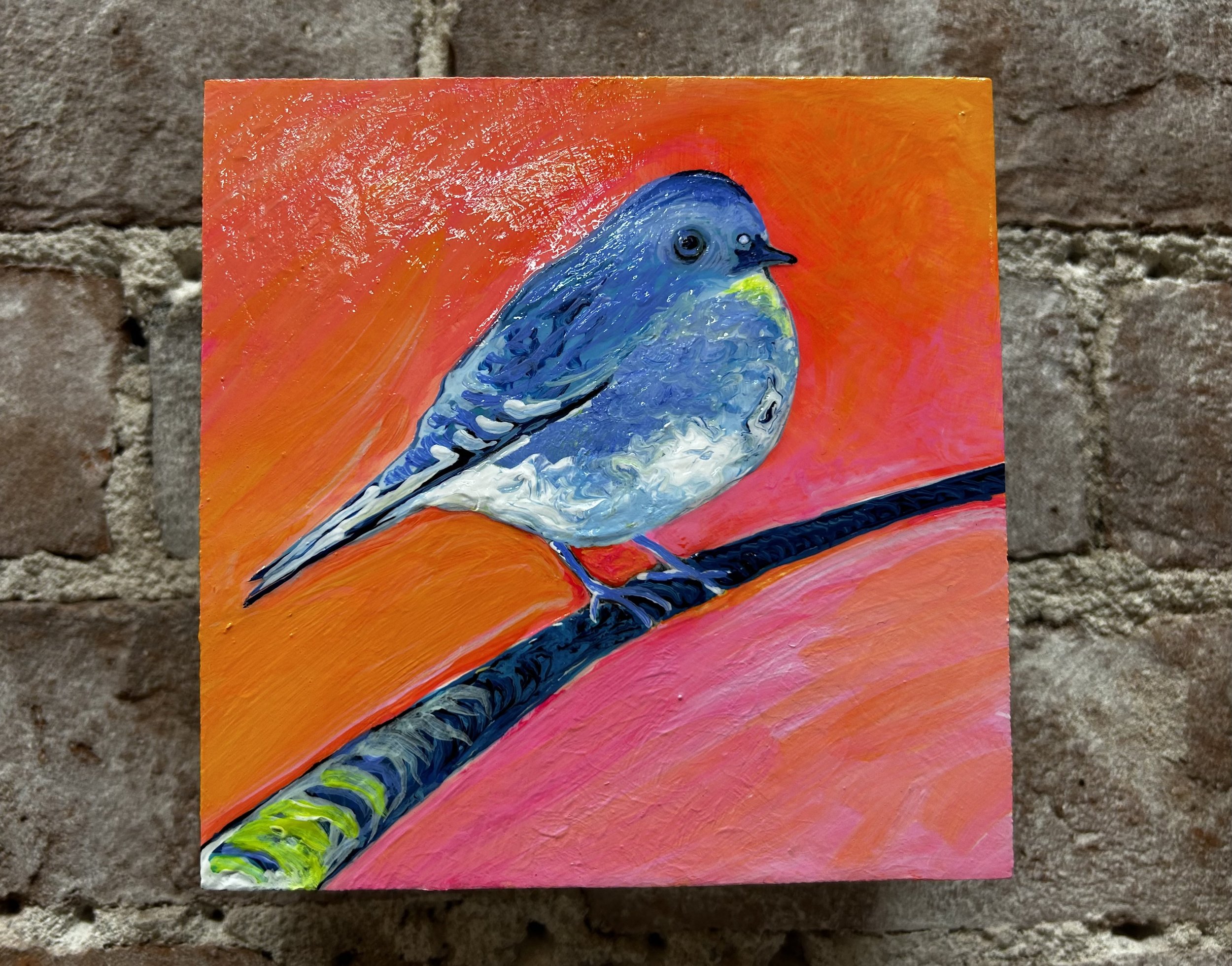Bluebird on pink, 4 x 4 Acrylic on birch panel. SOLD