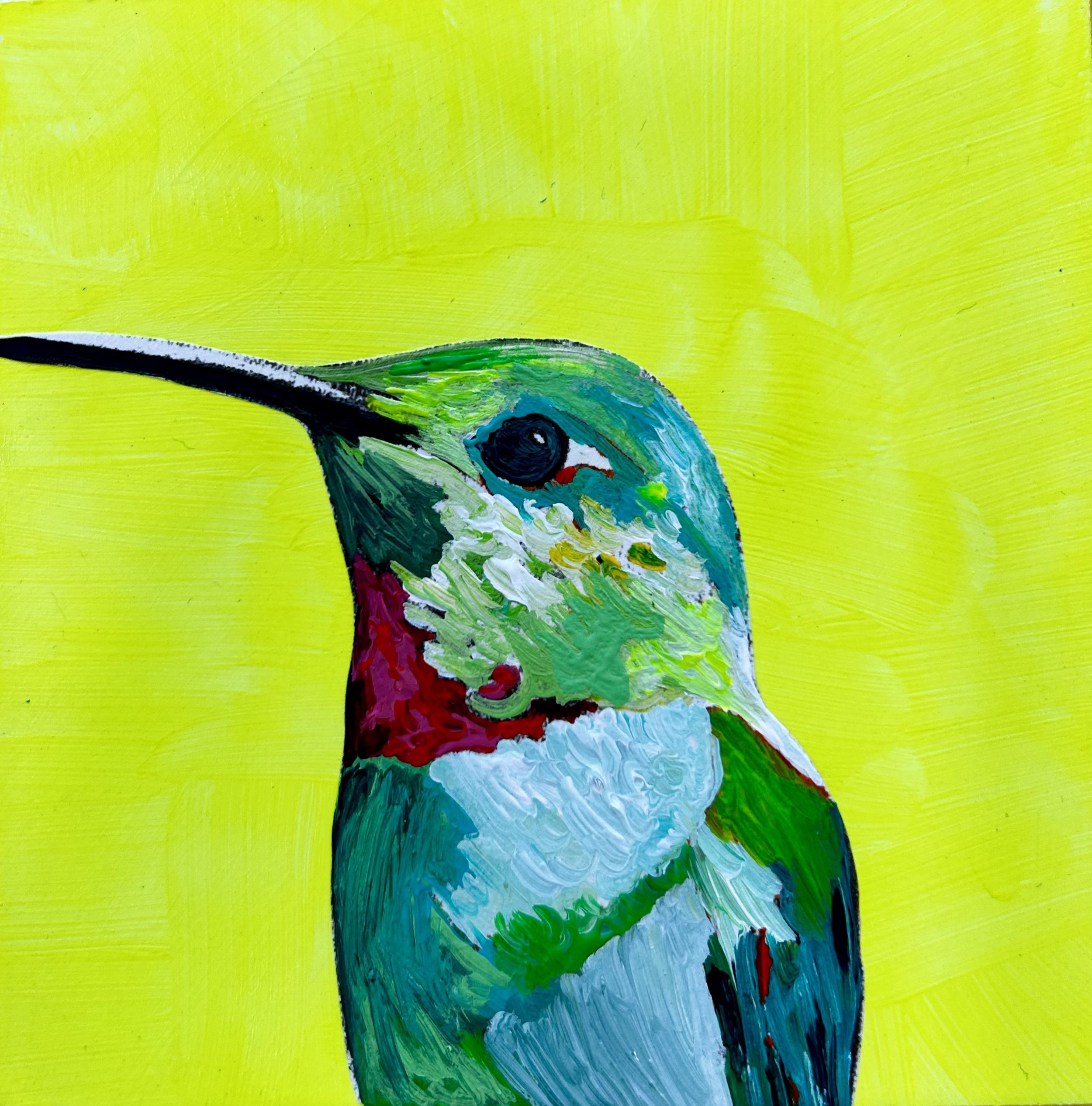 Hummingbird on Yellow, Acrylic on 5x5 Birch Panel SOLD