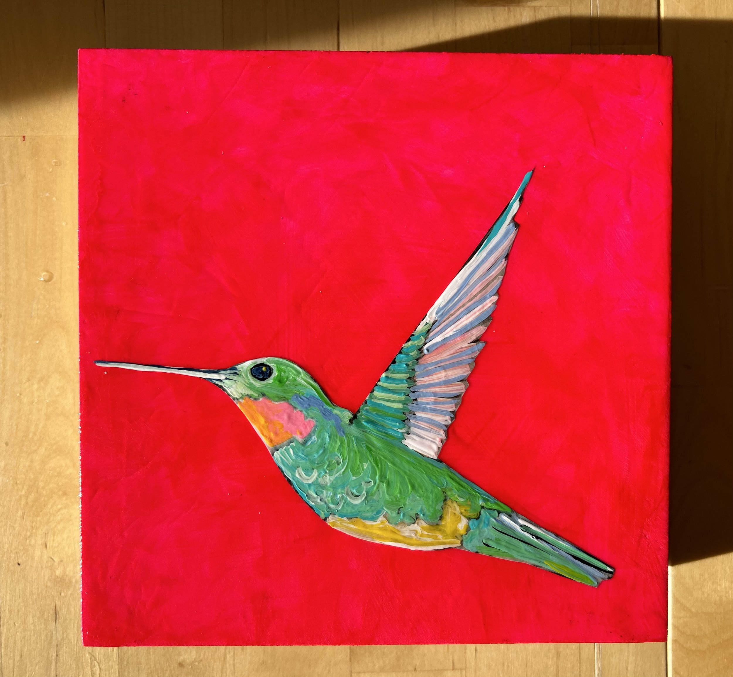 hummingbird in flight, 5 x 5 x 2 in Acrylic on panel. SOLD
