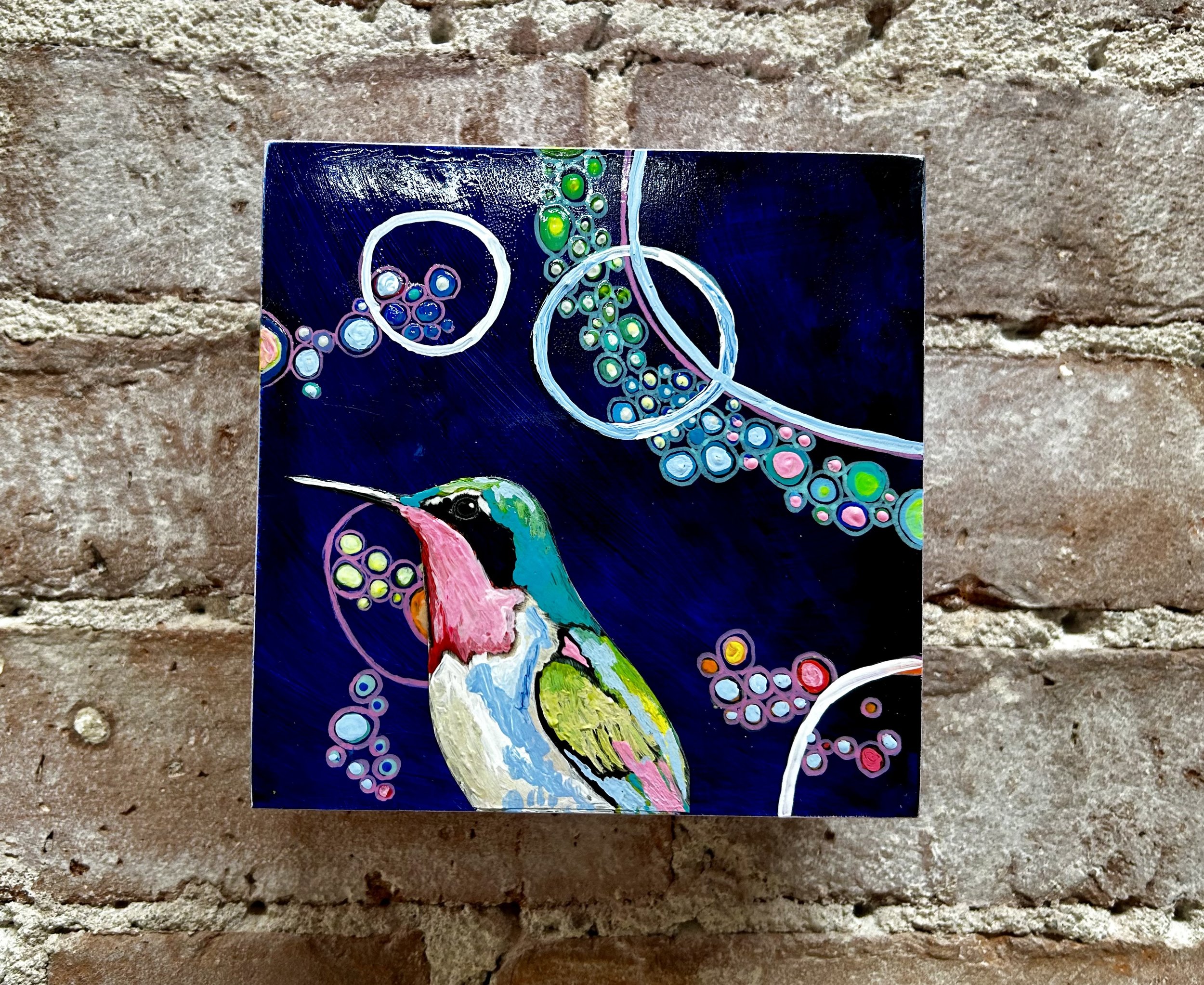 Bubbles hummungbird #2
5 x 5 acrylic on birch panel (sold)