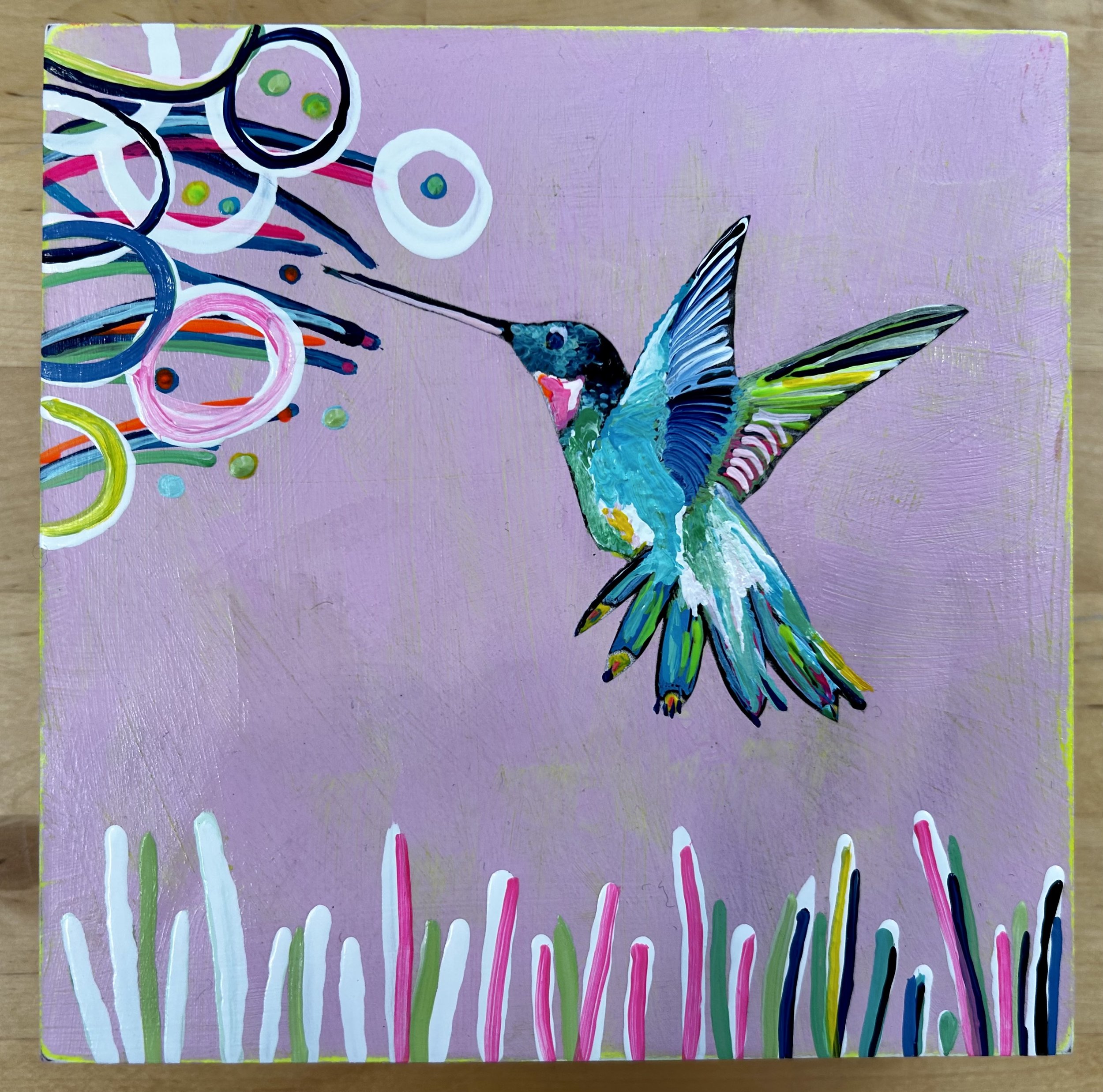Hummingbird with bubble flowers, Acrylic on 6x6 Birch Panel. SOLD