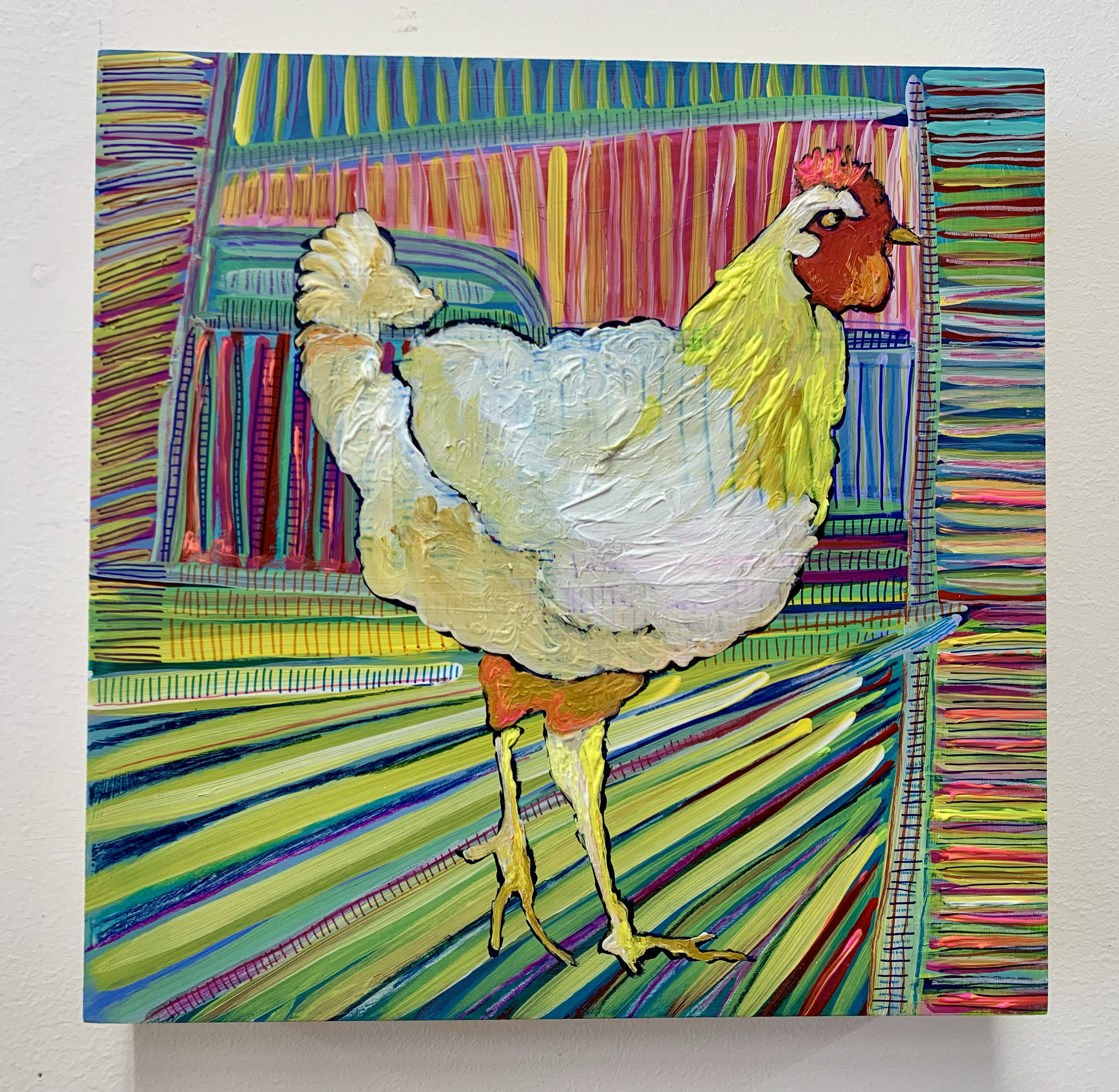 Stripes and Chicken 1, 12 x 12 Acrylic on Birch Panel. SOLD