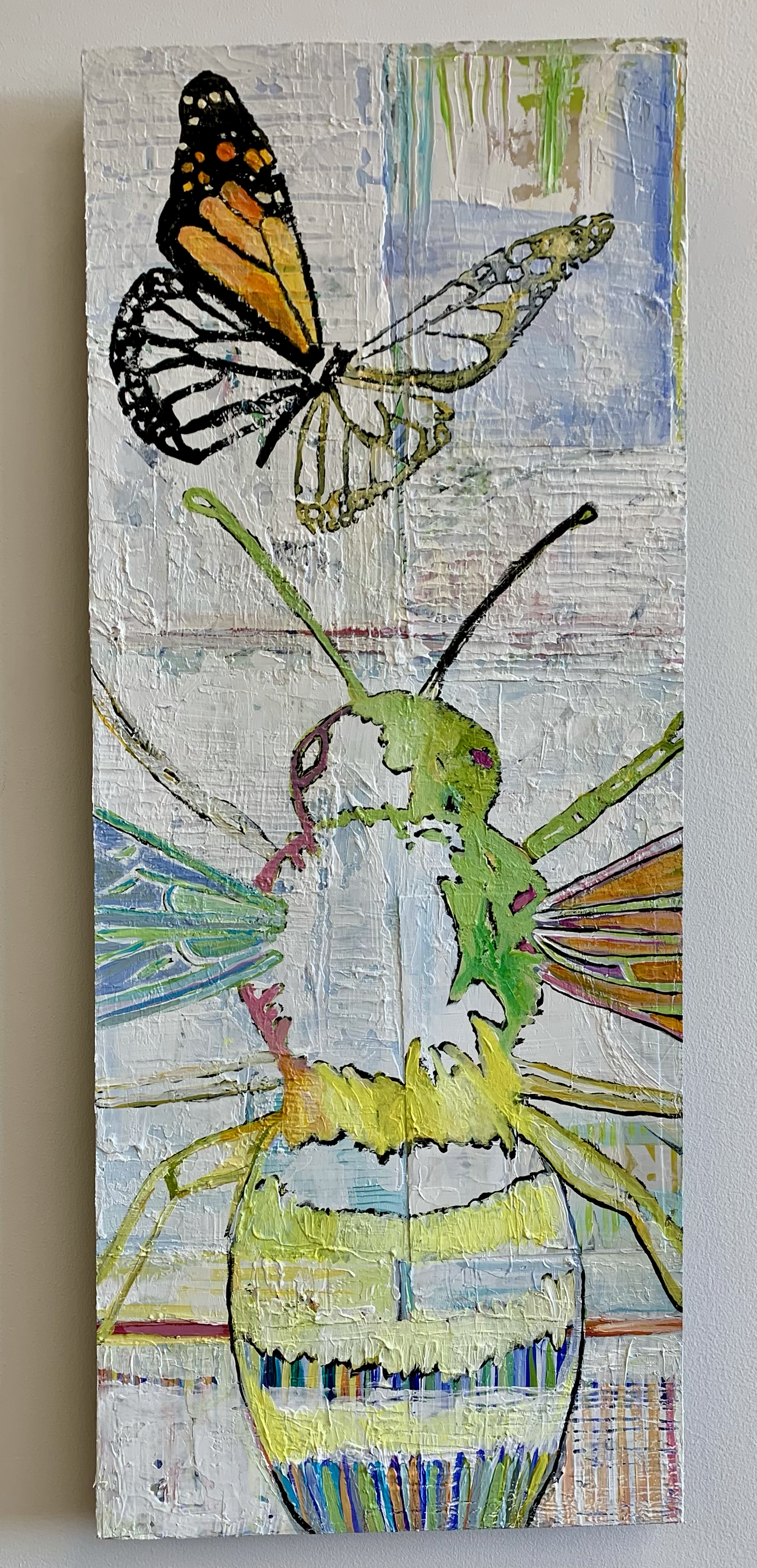 Bee and Monarch. acrylic over collage