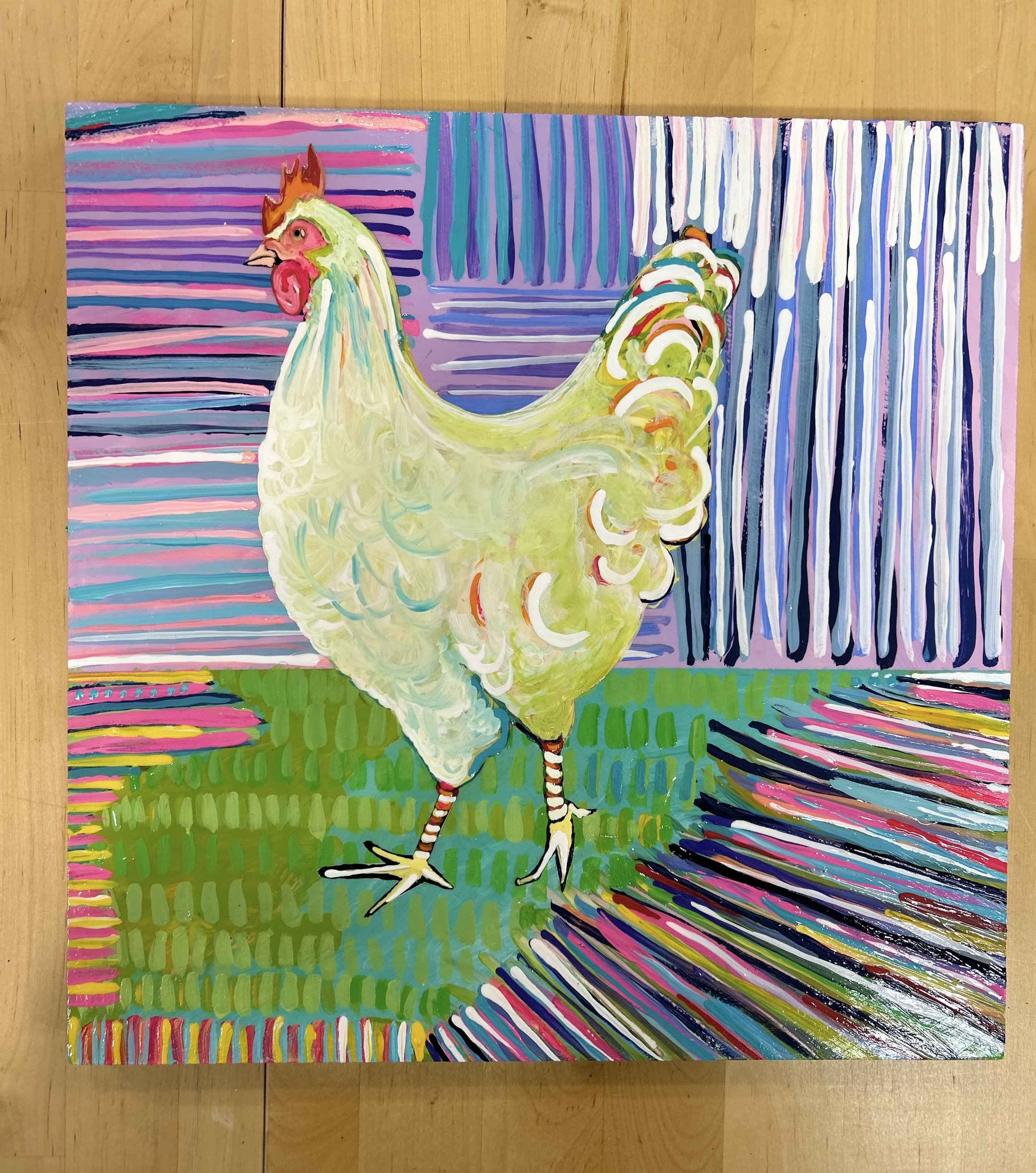 Stripes and Chicken, 12x12 on Birch Panel. SOLD