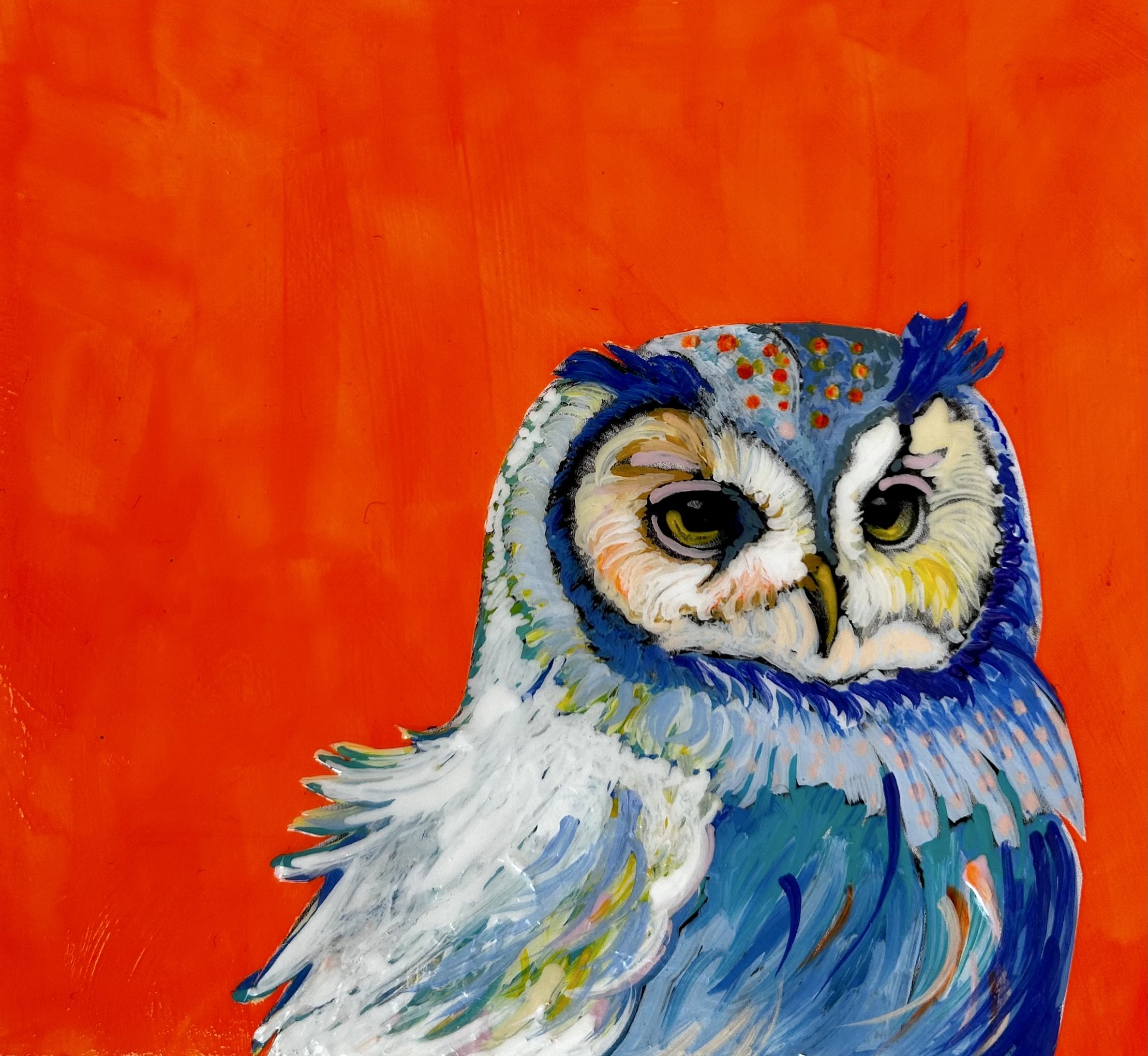 owl on orange 5 x 5 x 2 in Acrylic on panel. SOLD
