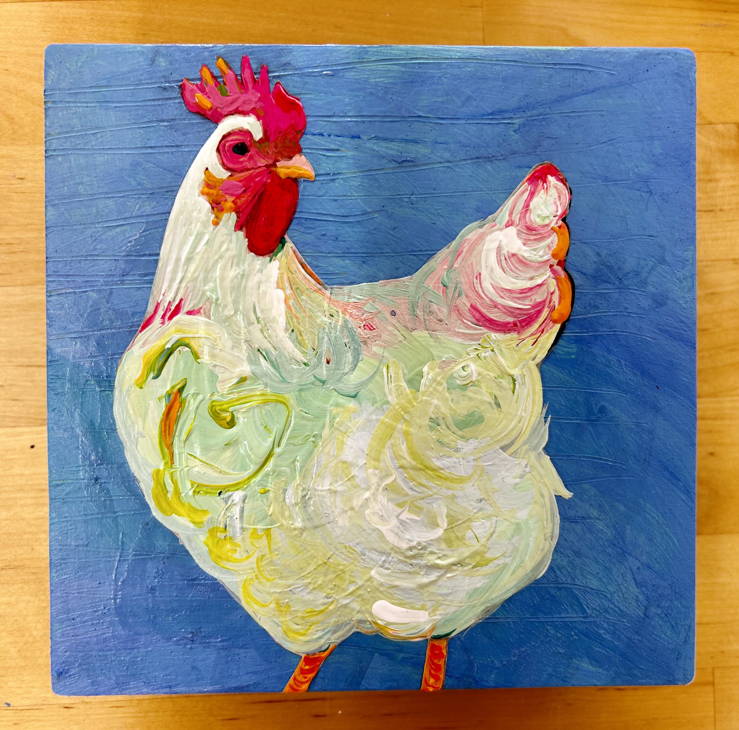chicken with legs off edge,
5 x 5 x 2 in acrylic on panel. SOLD